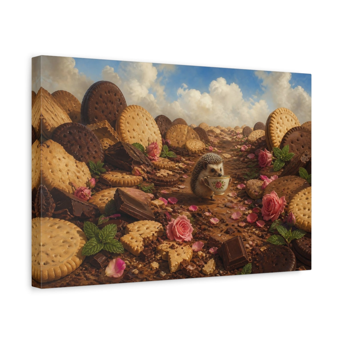 Side Mockup 4. Hedgehog Tea Party shown as canvas print