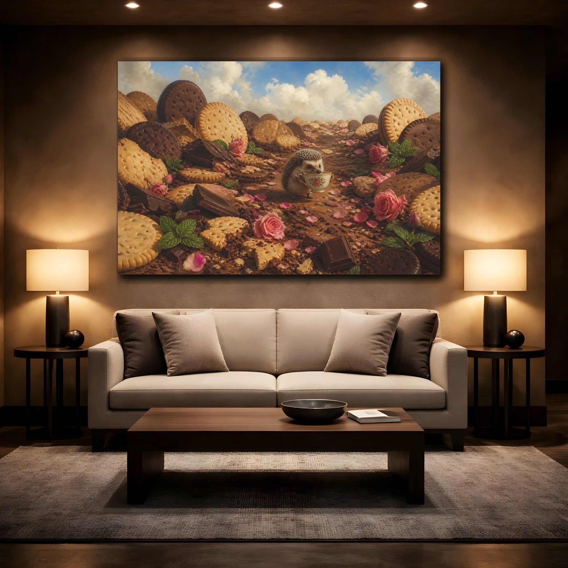 Mockup 2. Hedgehog Tea Party shown as canvas print