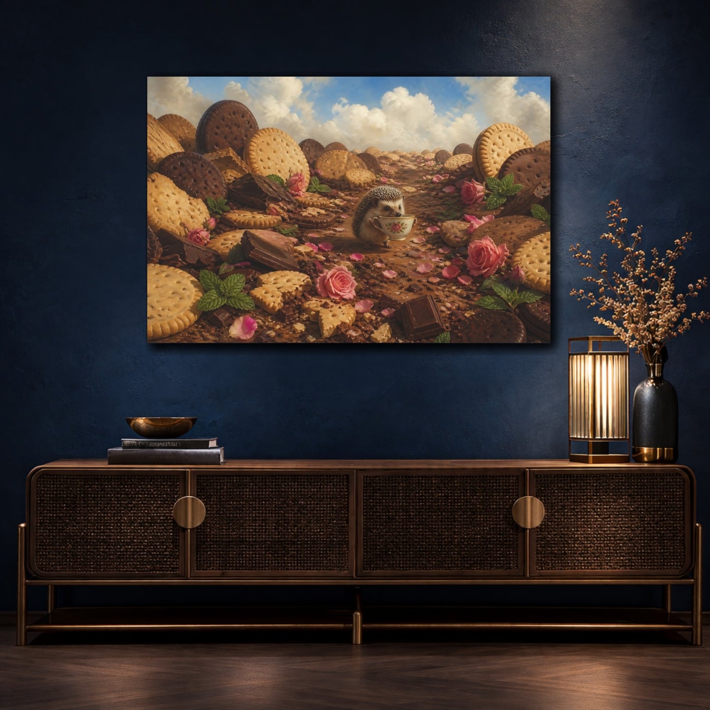 Mockup 4. Hedgehog Tea Party shown as canvas print