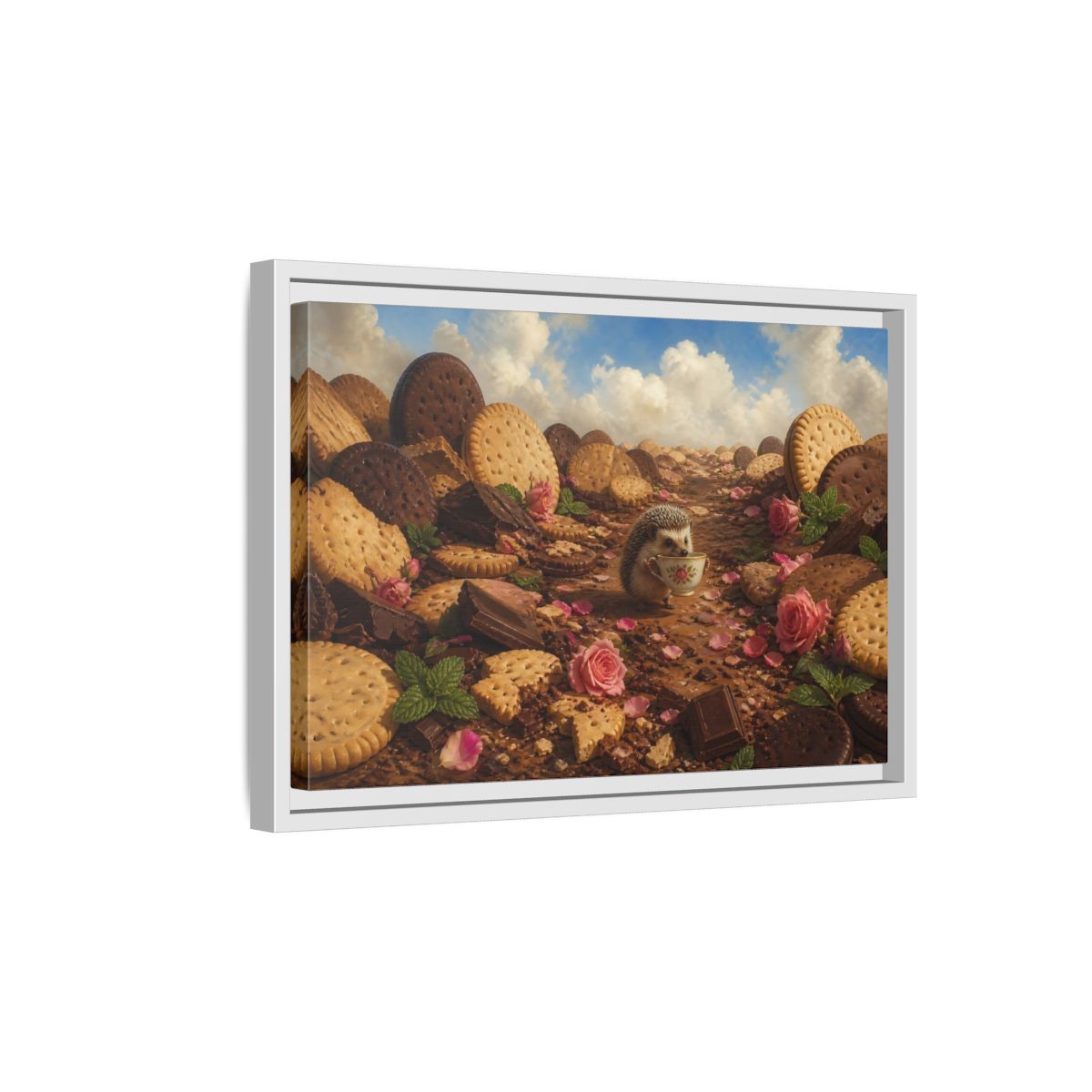 Side Mockup 4. Hedgehog With Teacup shown as framed canvas print