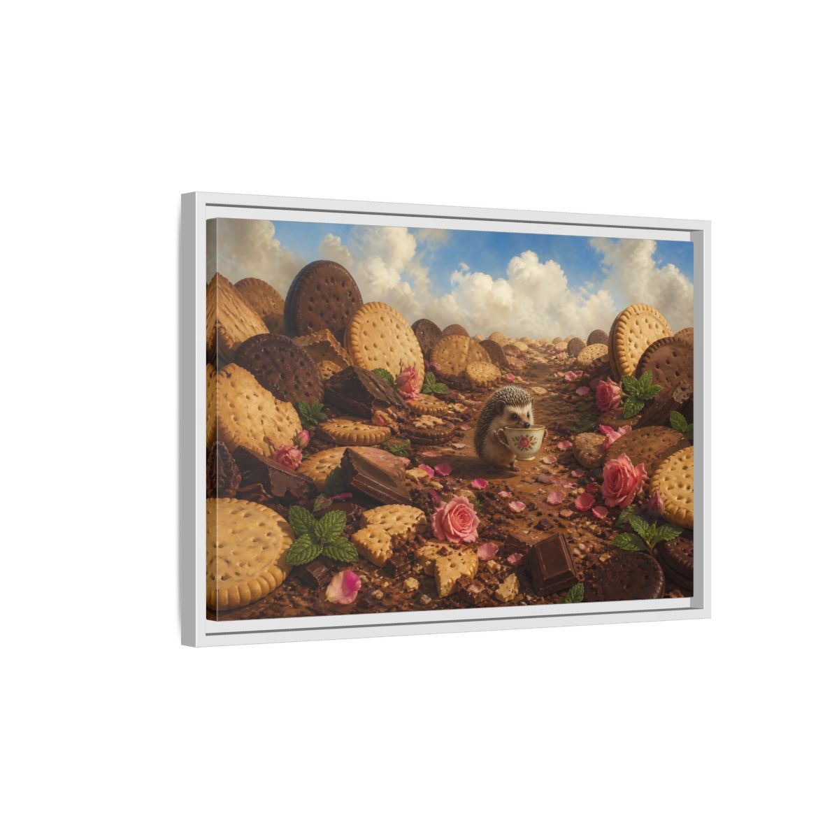 Side Mockup 1. Hedgehog With Teacup shown as framed canvas print