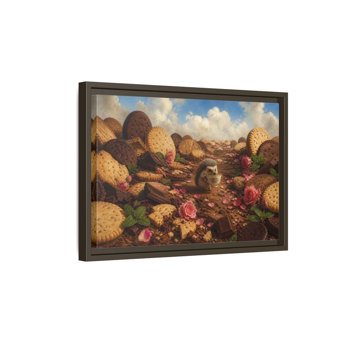 Side Mockup 5. Hedgehog With Teacup shown as framed canvas print