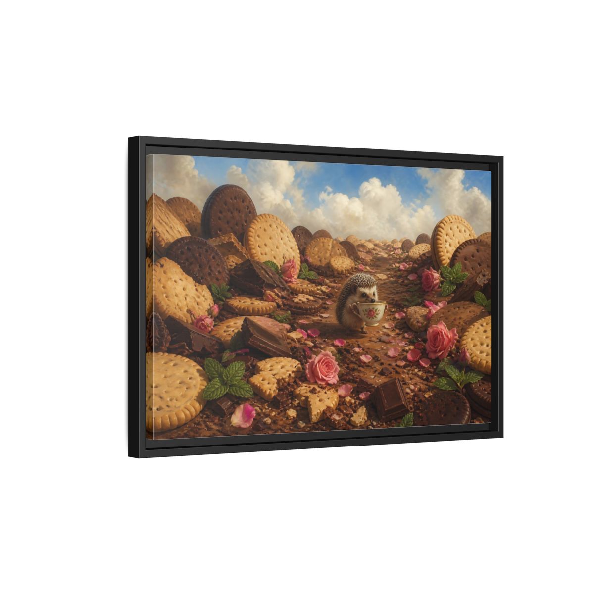 Side Mockup 3. Hedgehog With Teacup shown as framed canvas print