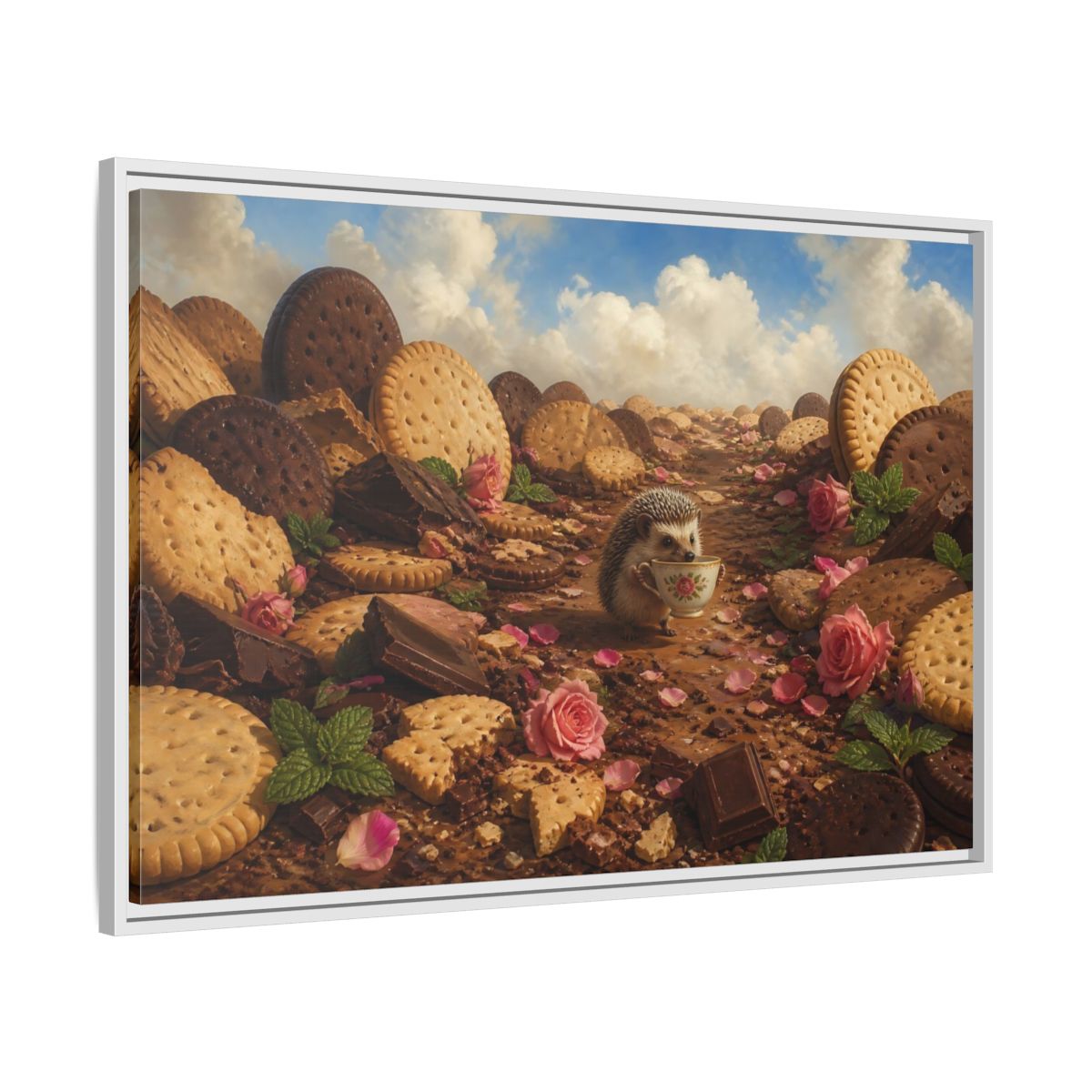 Side Mockup 9. Hedgehog With Teacup shown as framed canvas print