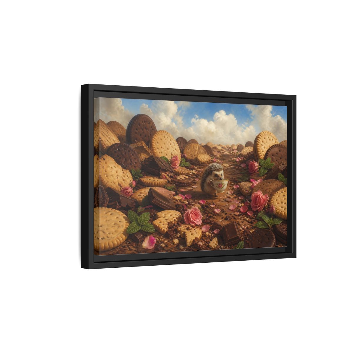 Side Mockup 6. Hedgehog With Teacup shown as framed canvas print