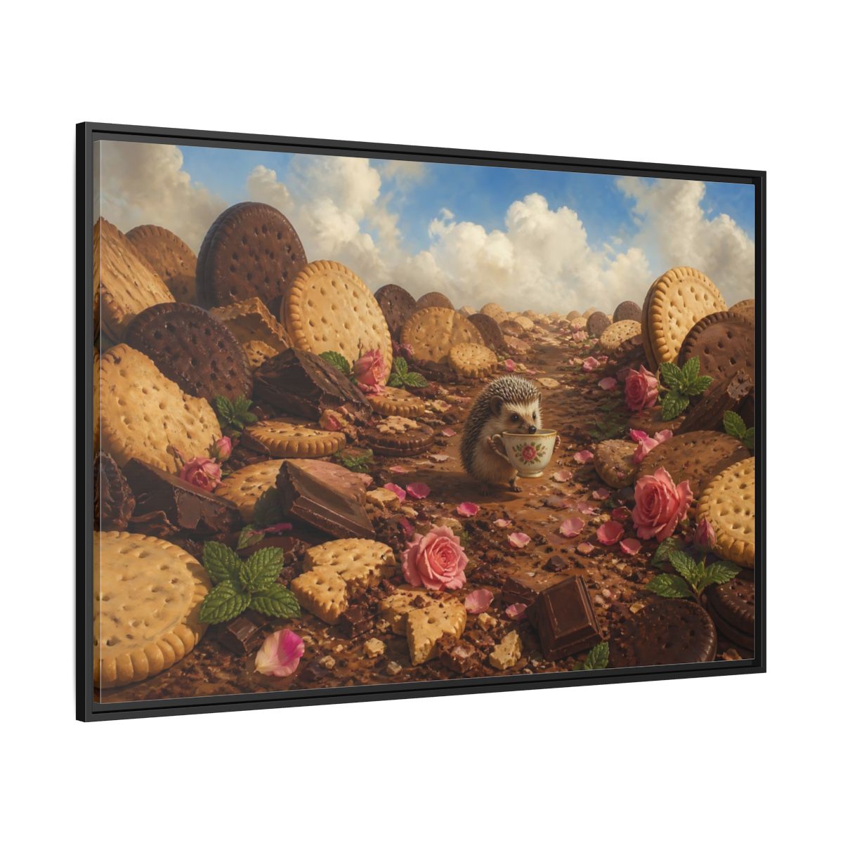 Side Mockup 12. Hedgehog With Teacup shown as framed canvas print