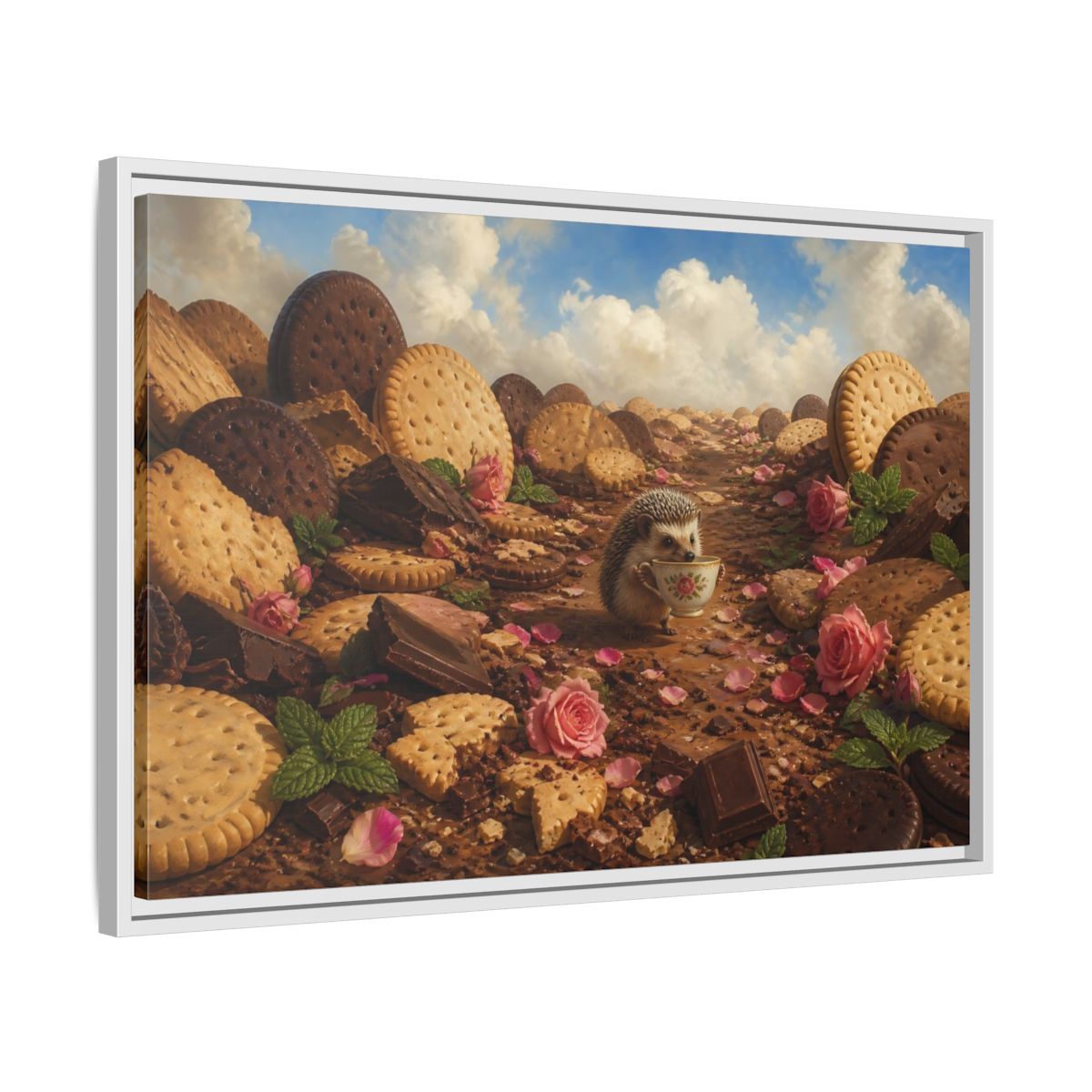 Side Mockup 10. Hedgehog With Teacup shown as framed canvas print