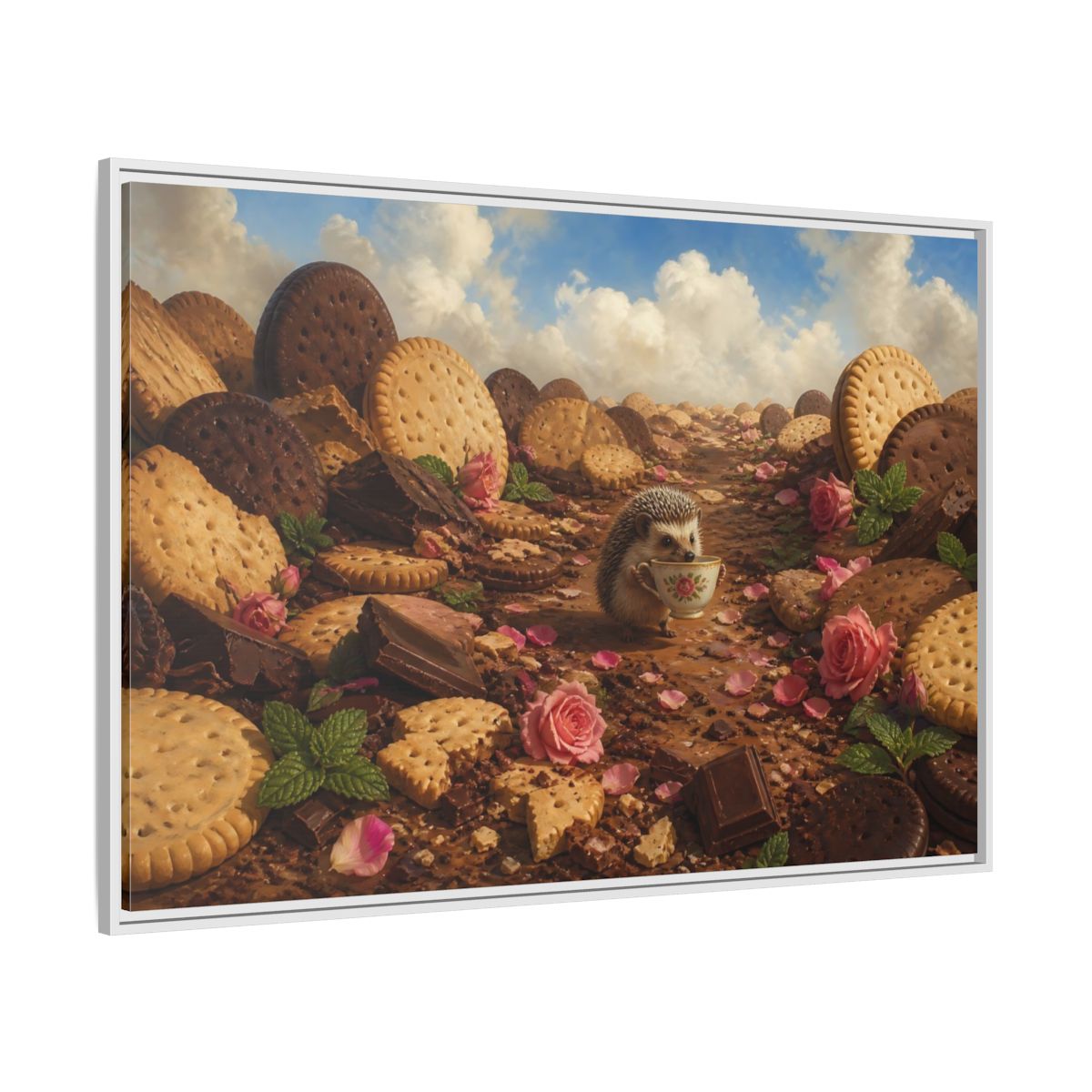 Side Mockup 7. Hedgehog With Teacup shown as framed canvas print