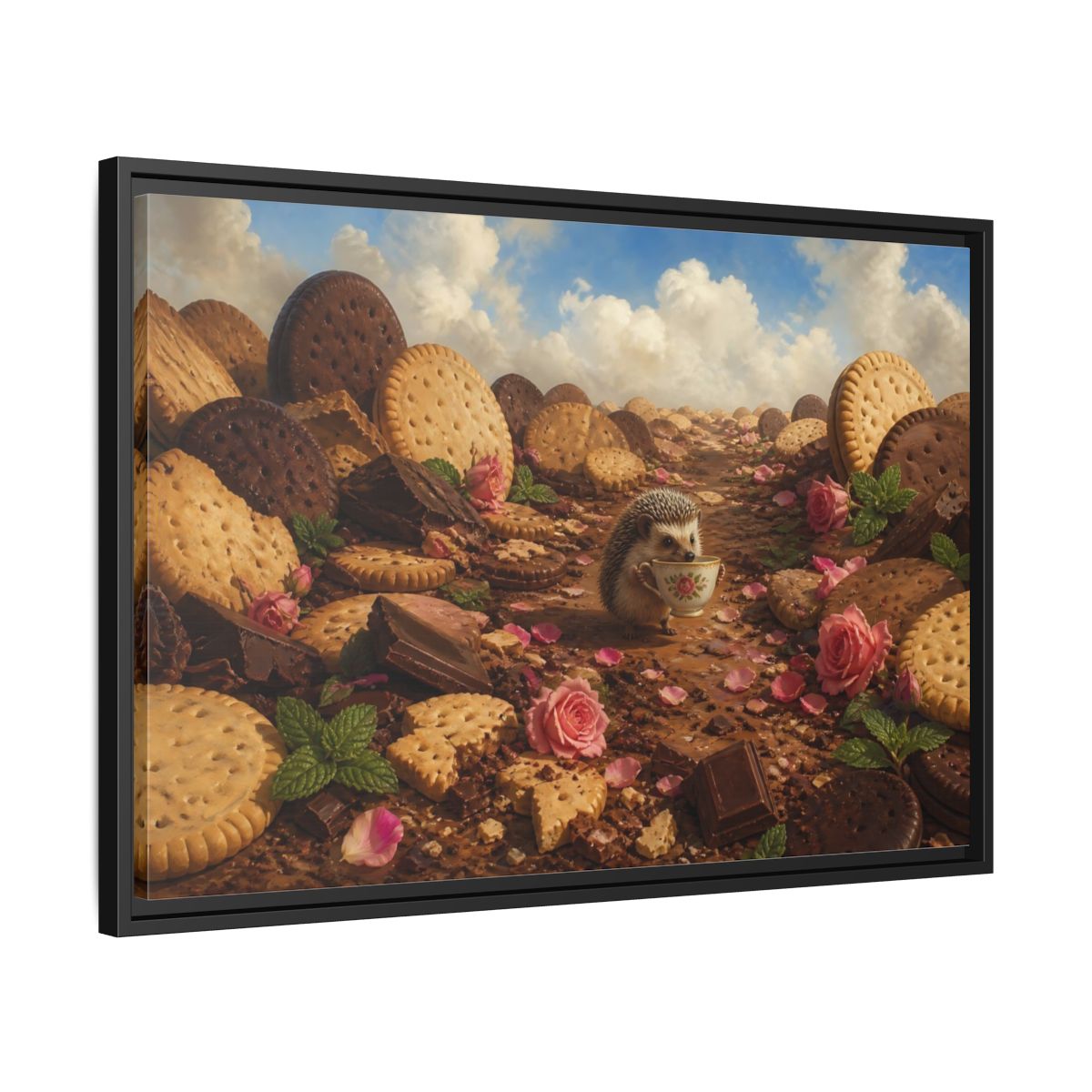 Side Mockup 14. Hedgehog With Teacup shown as framed canvas print