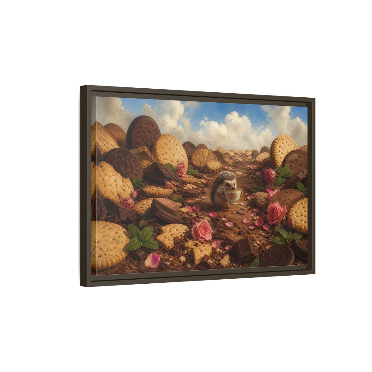 Side Mockup 2. Hedgehog With Teacup shown as framed canvas print