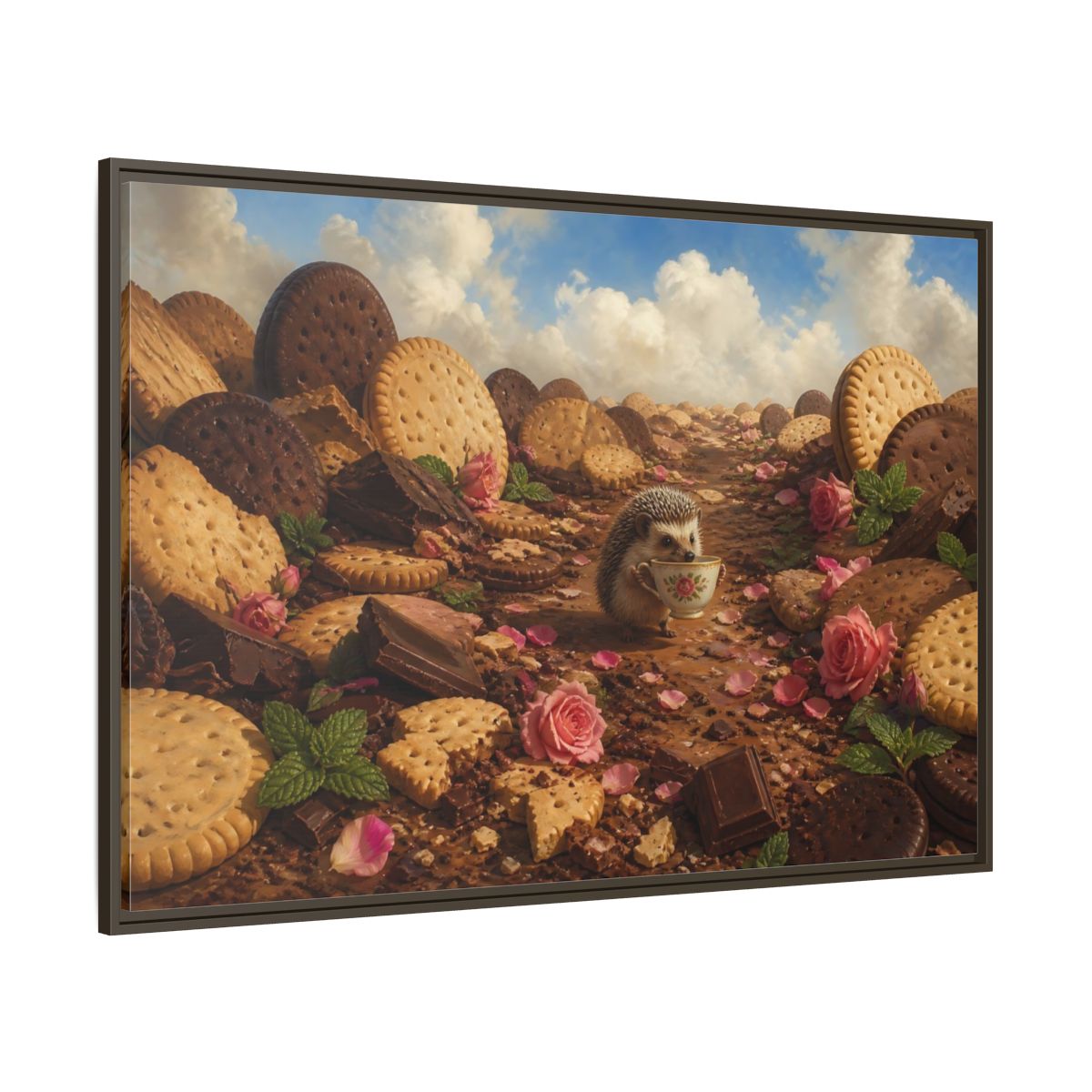 Side Mockup 8. Hedgehog With Teacup shown as framed canvas print