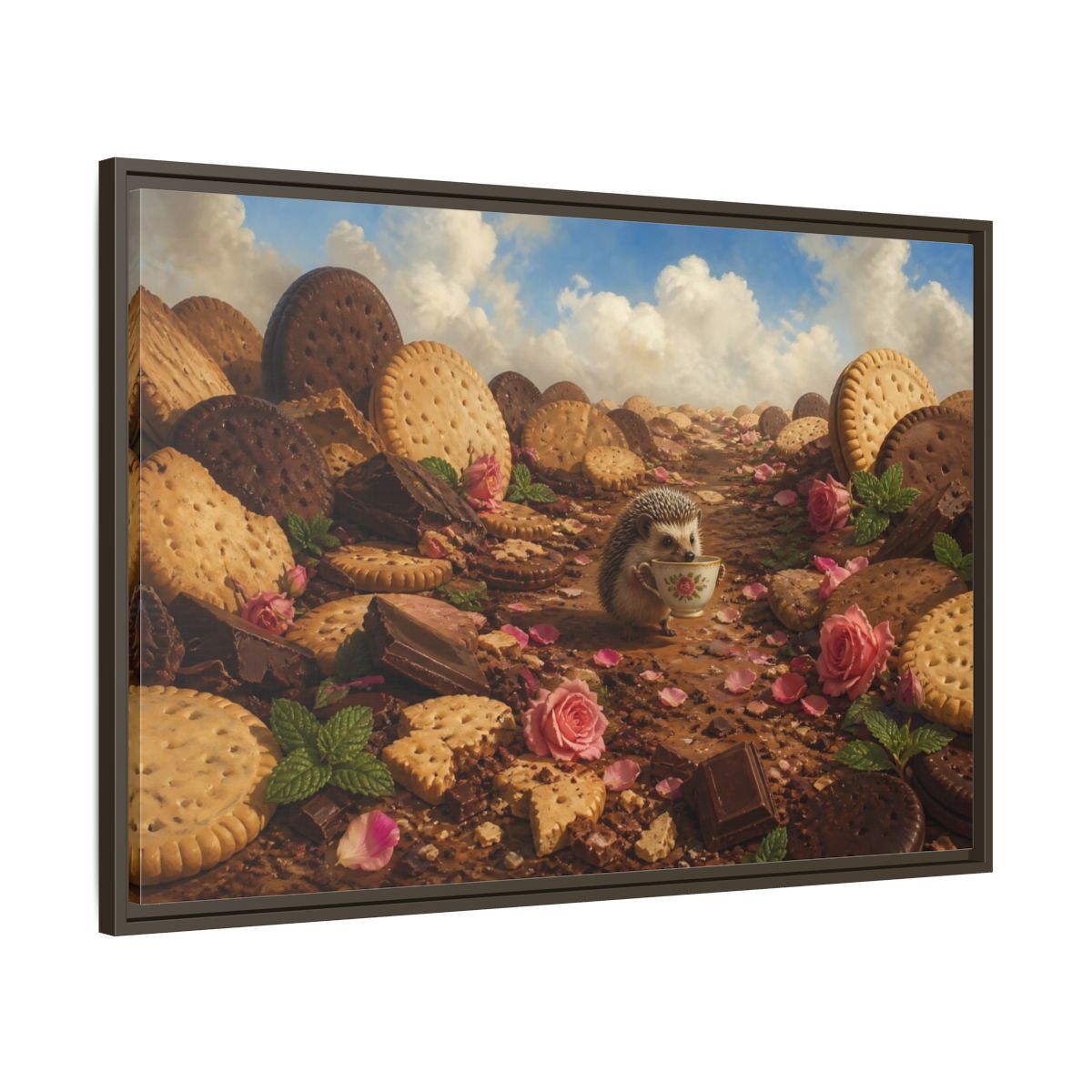 Main Mockup. Hedgehog With Teacup shown as framed canvas print