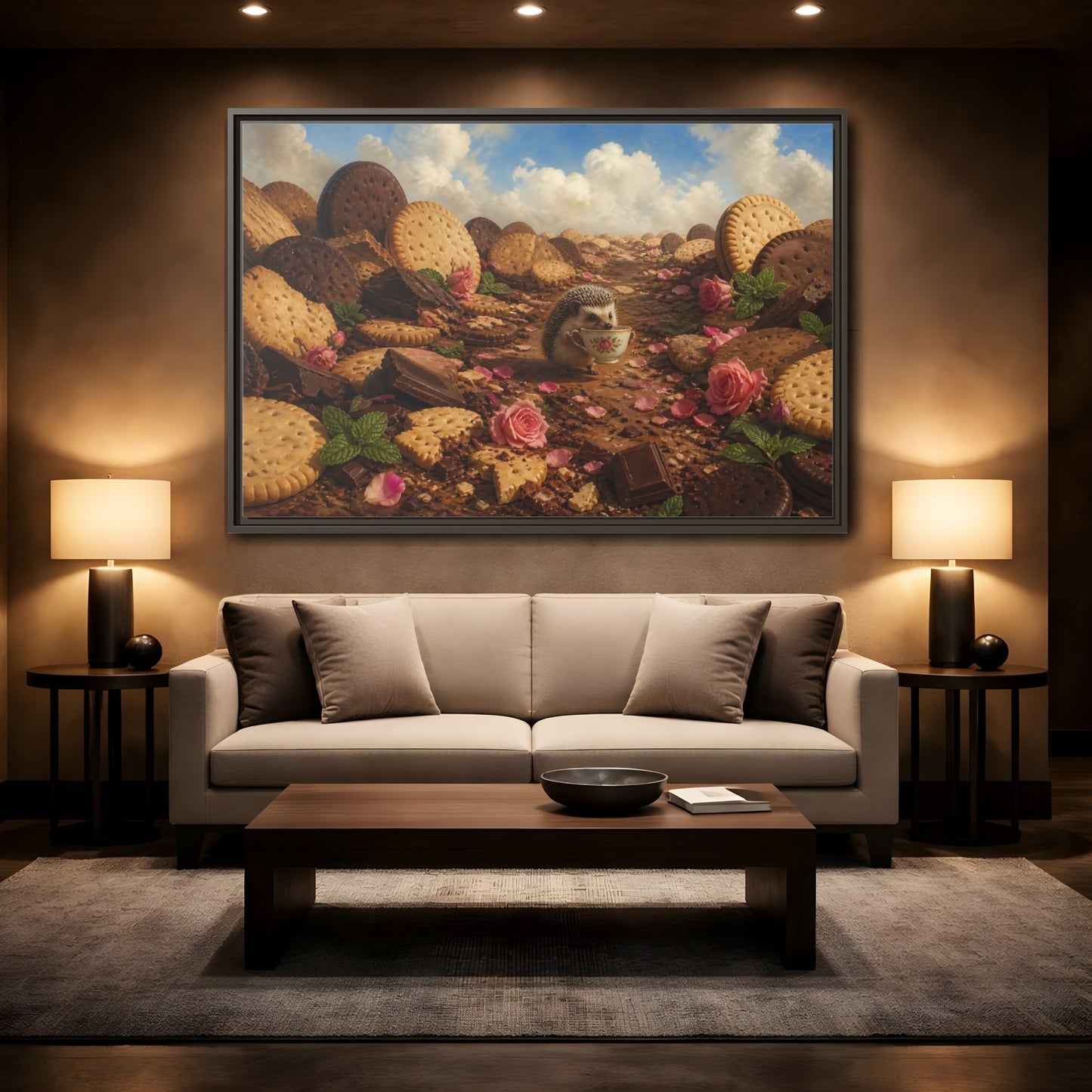 Mockup 2. Hedgehog With Teacup shown as framed canvas print