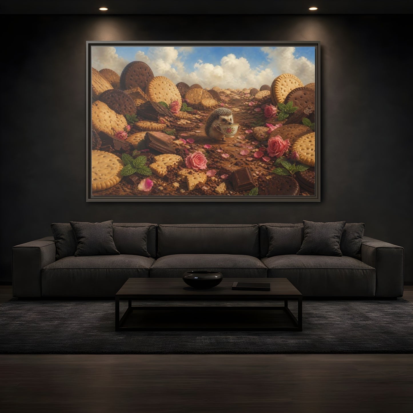 Mockup 3. Hedgehog With Teacup shown as framed canvas print