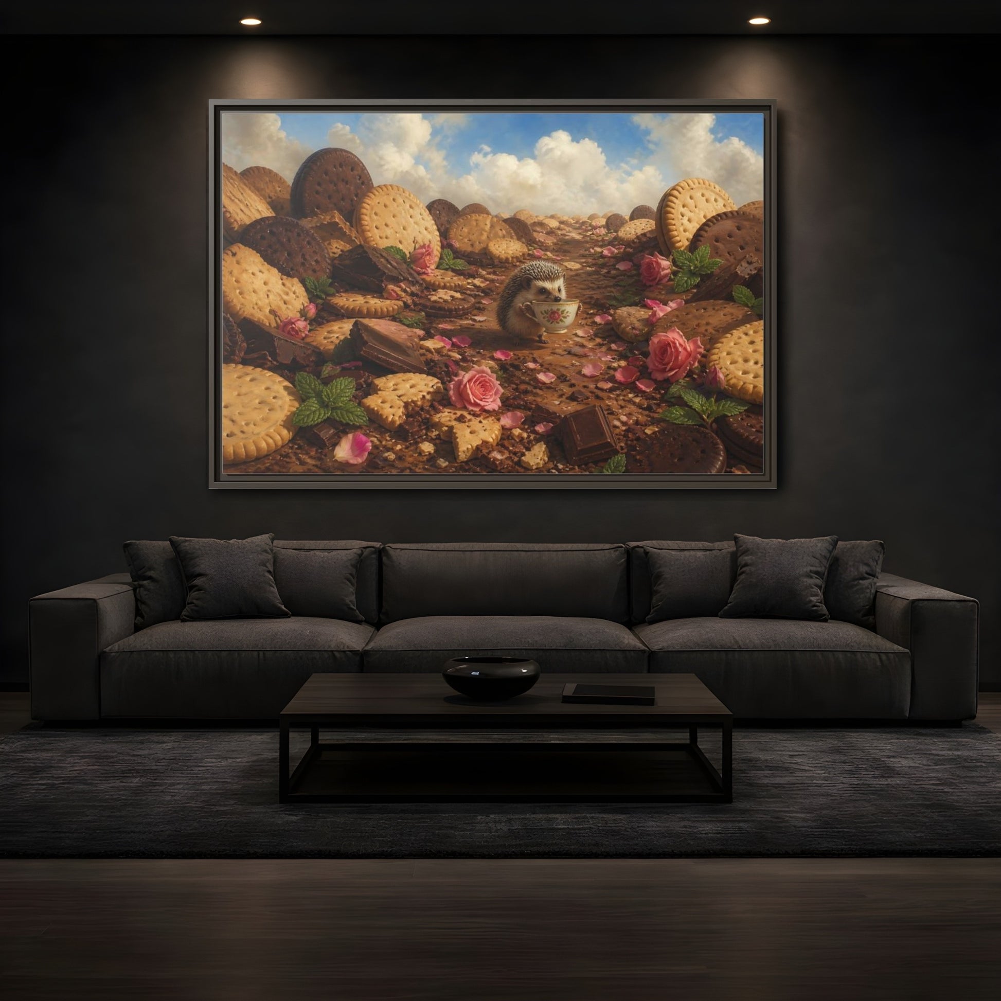 Mockup 3. Hedgehog With Teacup shown as framed canvas print