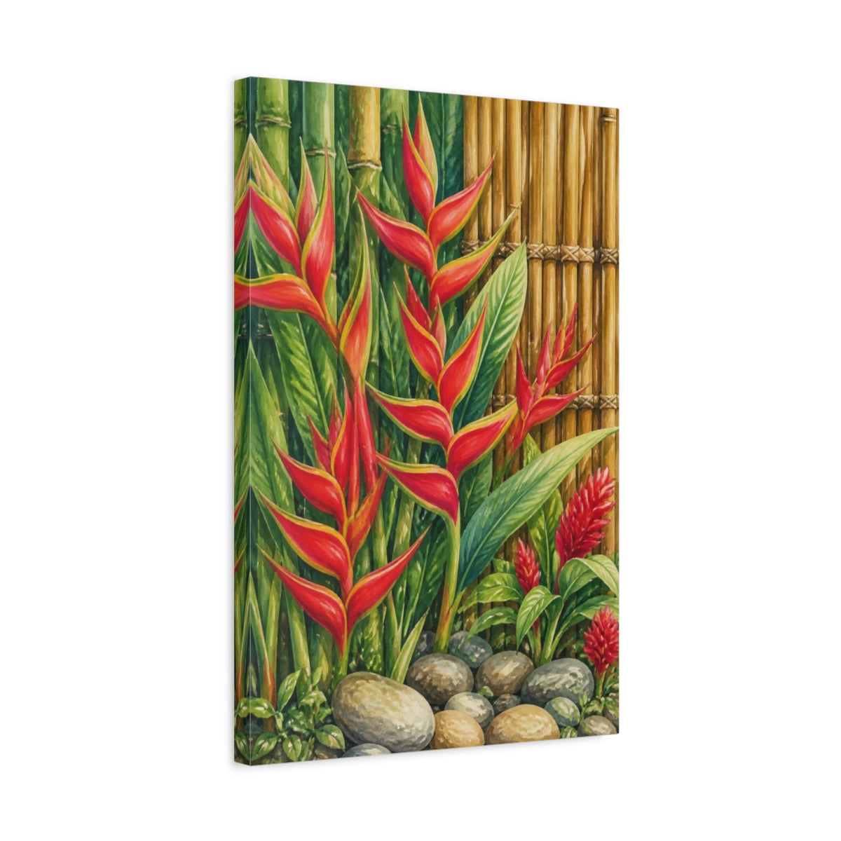 Side Mockup 3. Heliconia Flowers With Bamboo shown as canvas print