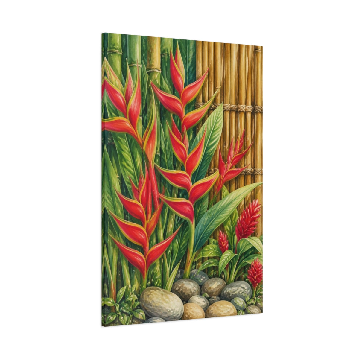 Side Mockup 1. Heliconia Flowers With Bamboo shown as canvas print