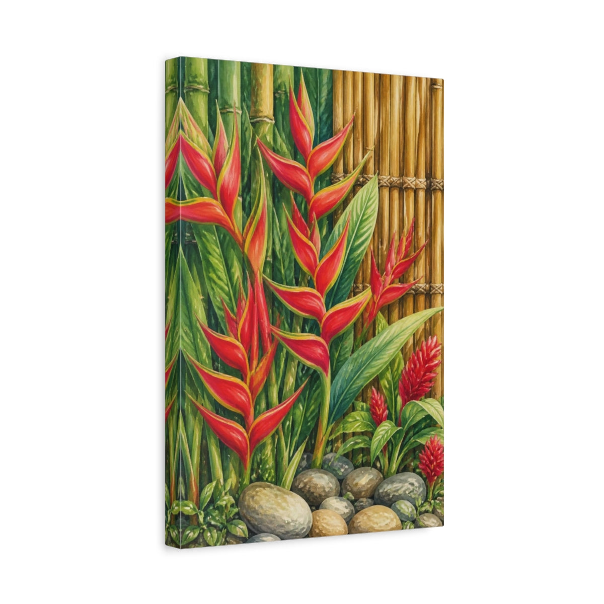 Side Mockup 4. Heliconia Flowers With Bamboo shown as canvas print