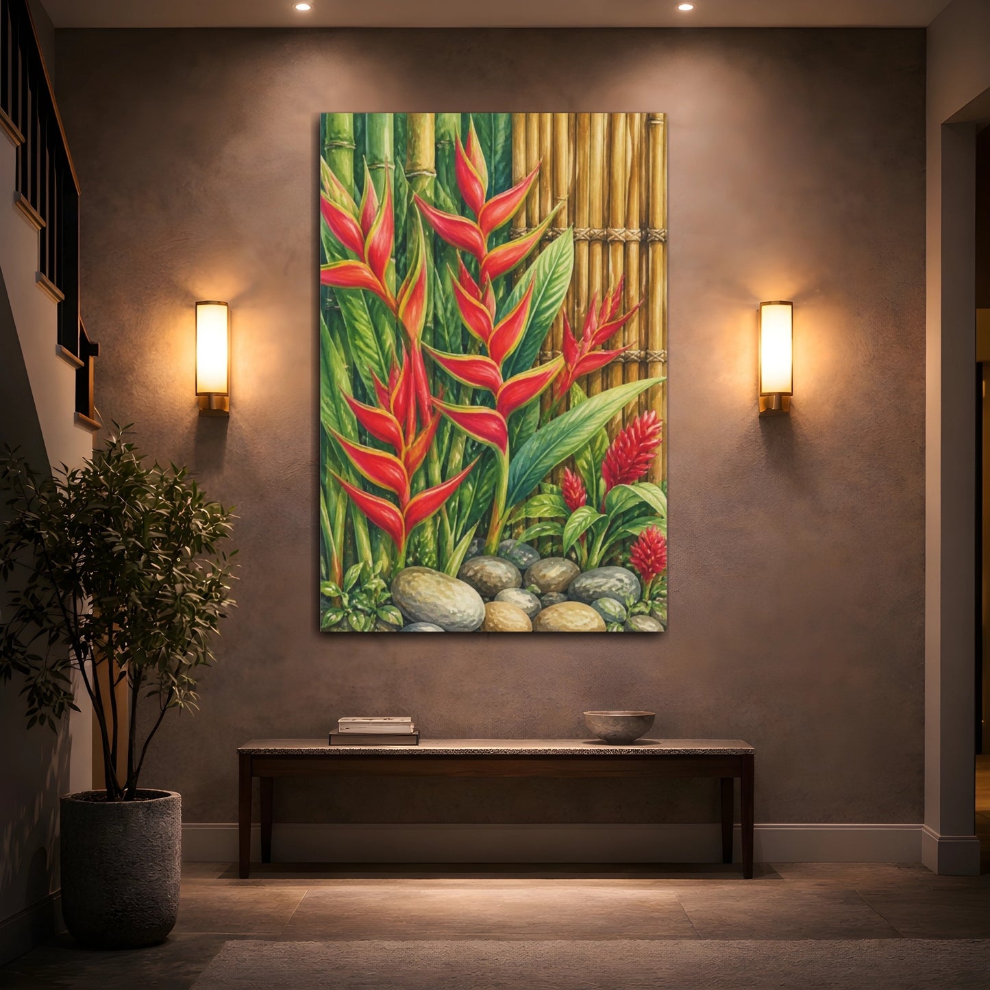 Mockup 2. Heliconia Flowers With Bamboo shown as canvas print