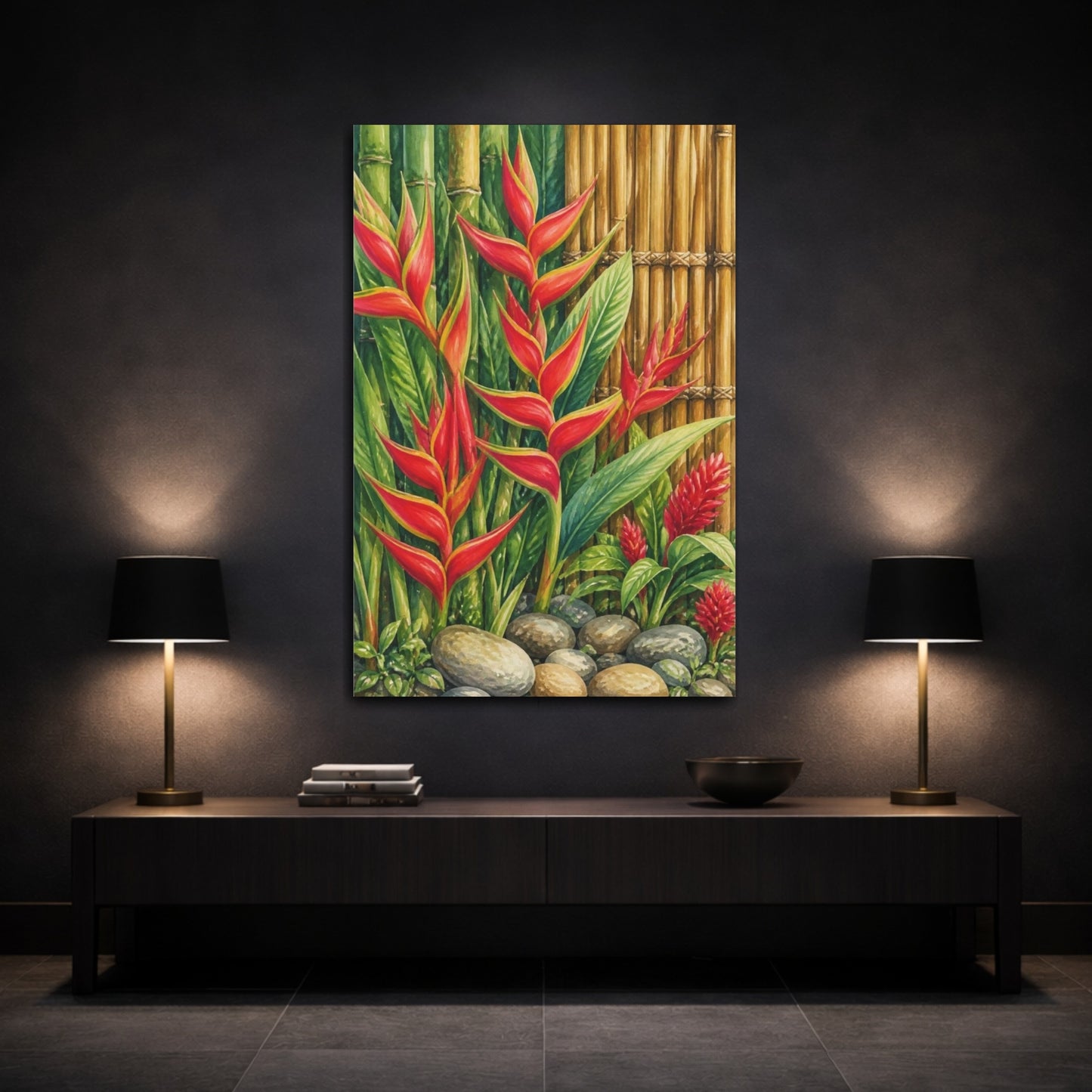 Mockup 3. Heliconia Flowers With Bamboo shown as canvas print