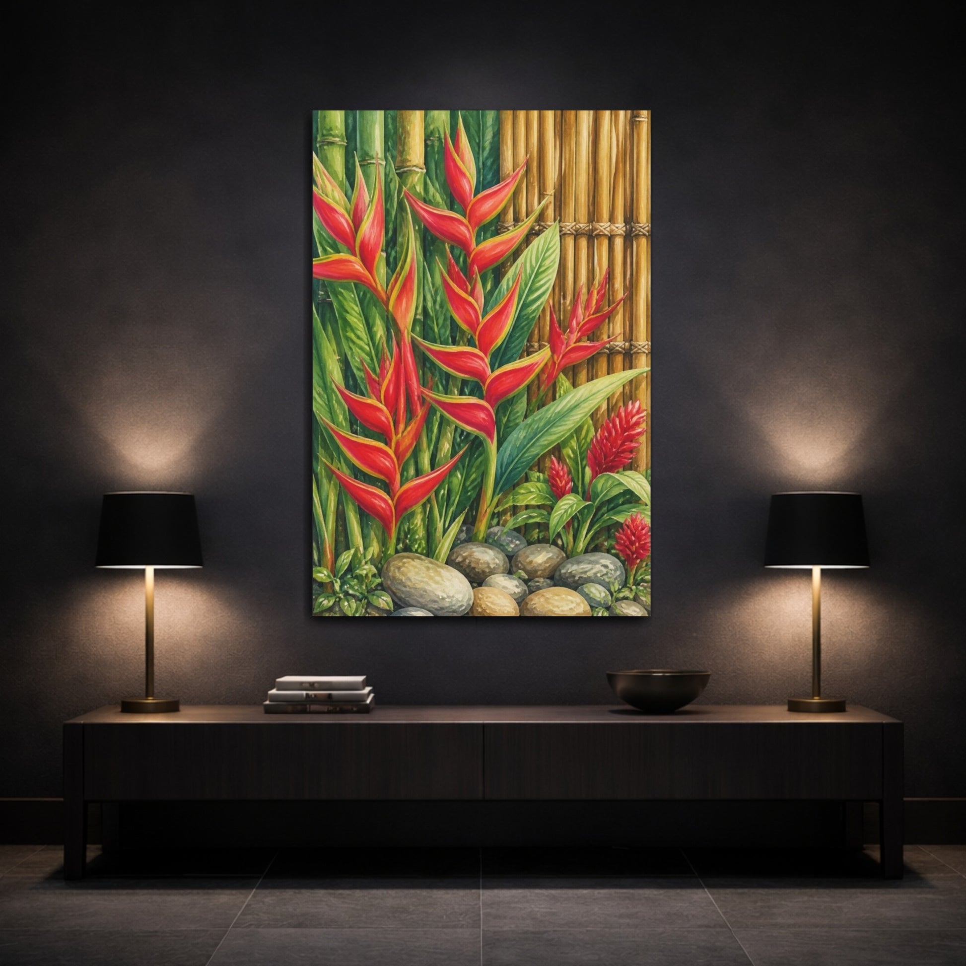 Mockup 3. Heliconia Flowers With Bamboo shown as canvas print