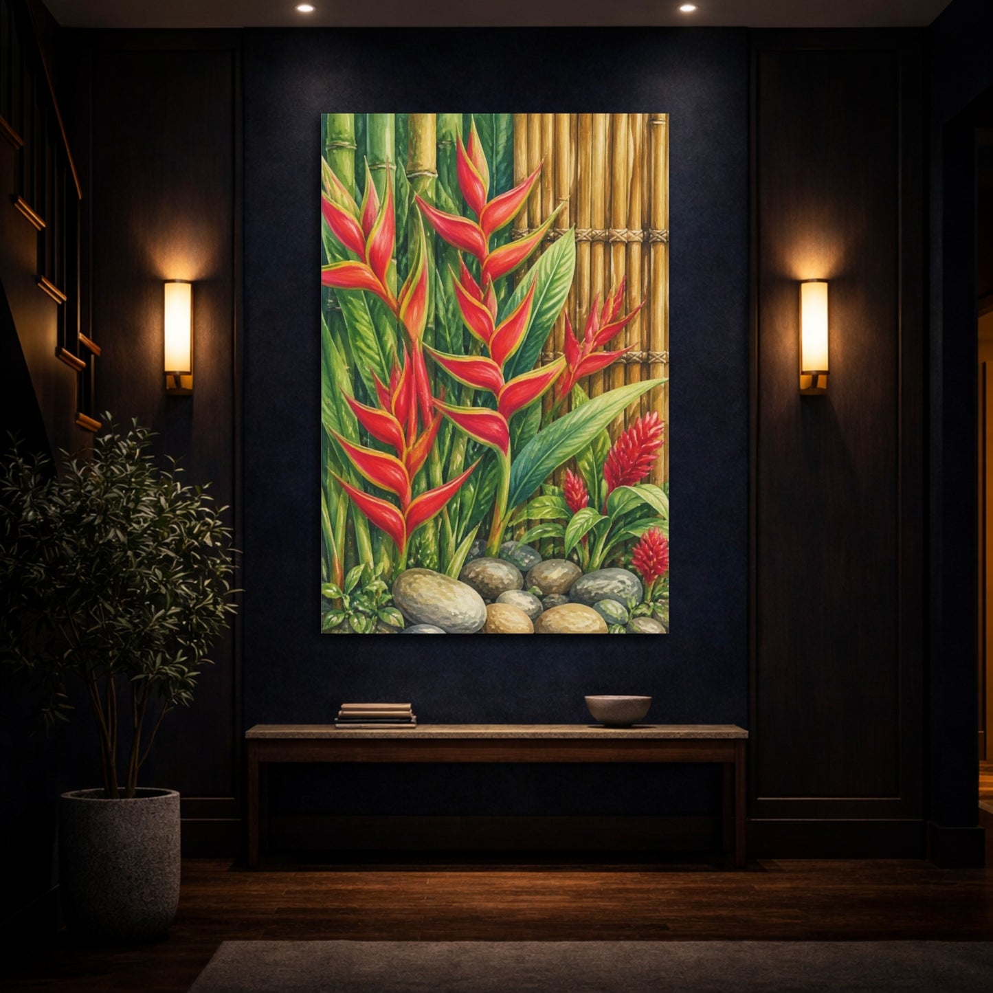 Mockup 4. Heliconia Flowers With Bamboo shown as canvas print