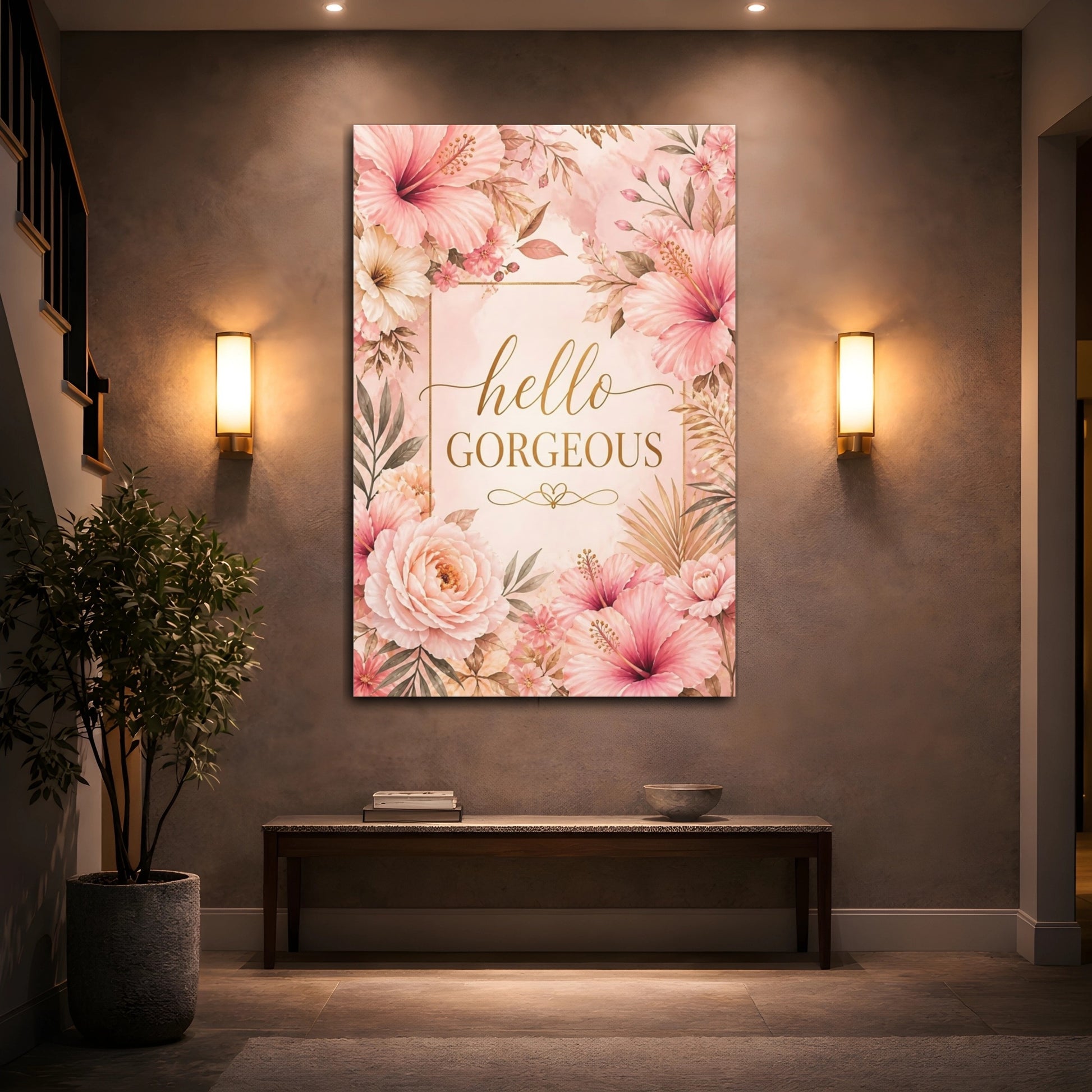 Mockup 2. Hello Gorgeous Floral shown as canvas print
