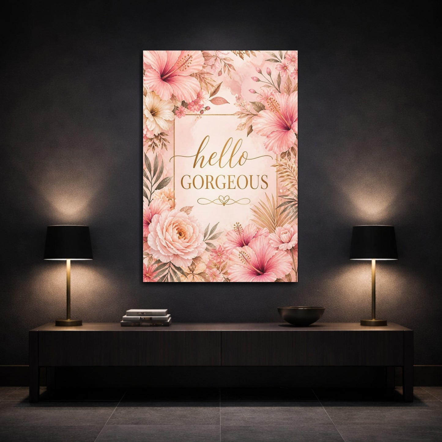 Mockup 3. Hello Gorgeous Floral shown as canvas print