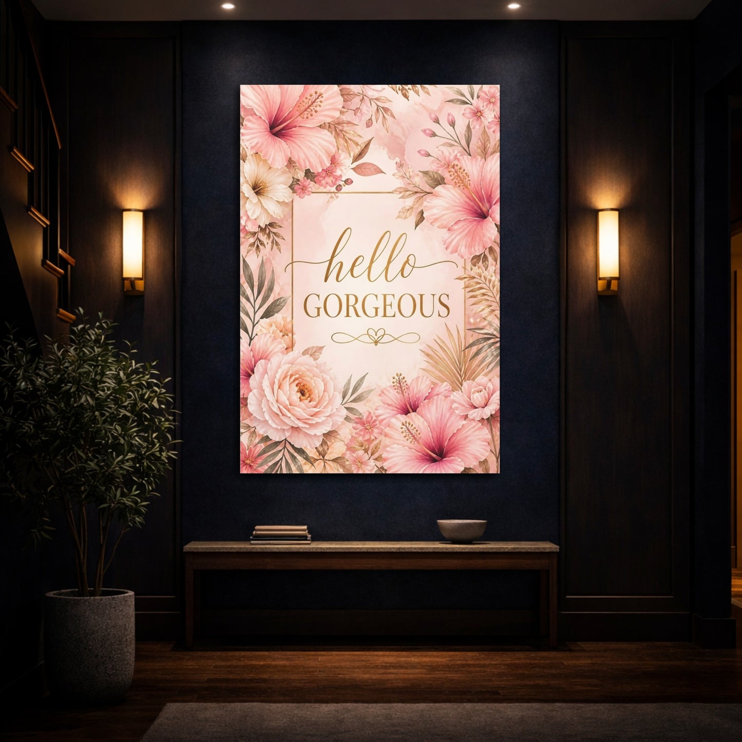 Mockup 4. Hello Gorgeous Floral shown as canvas print