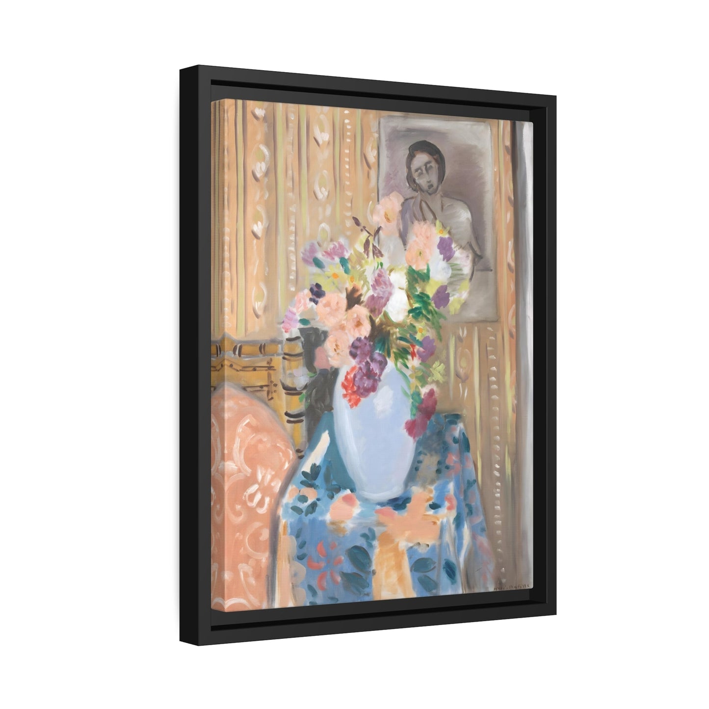 Henri Matisse Flowers in Front of a Portrait - Framed Canvas Wall Art Painting Print in Black Frame