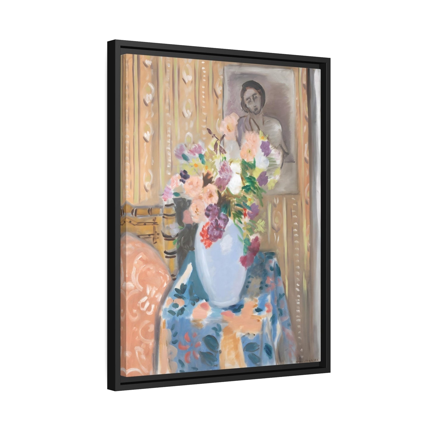 Henri Matisse Flowers in Front of a Portrait - Framed Canvas Wall Art Painting Print in Black Frame