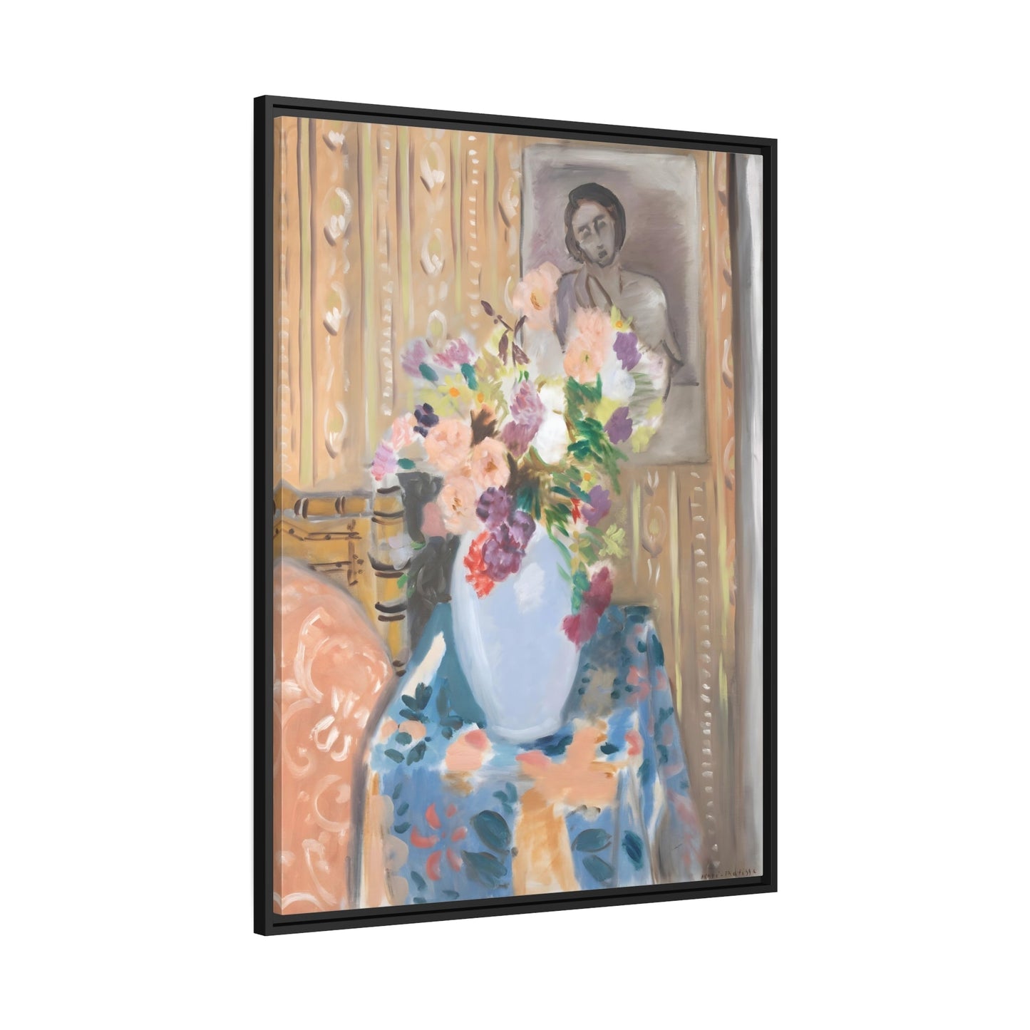 Henri Matisse Flowers in Front of a Portrait - Framed Canvas Wall Art Painting Print in Black Frame