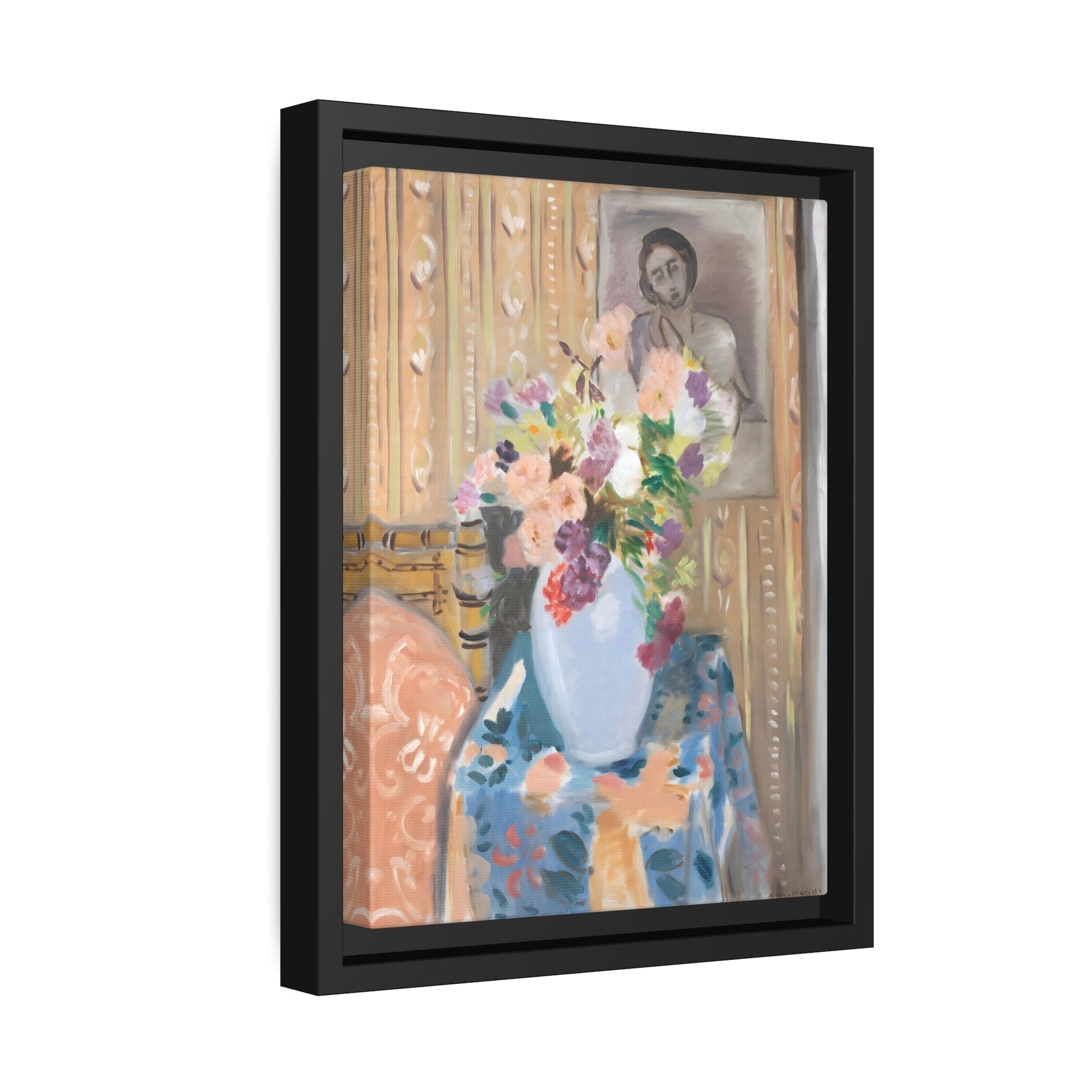 Henri Matisse Flowers in Front of a Portrait - Framed Canvas Wall Art Painting Print in Black Frame