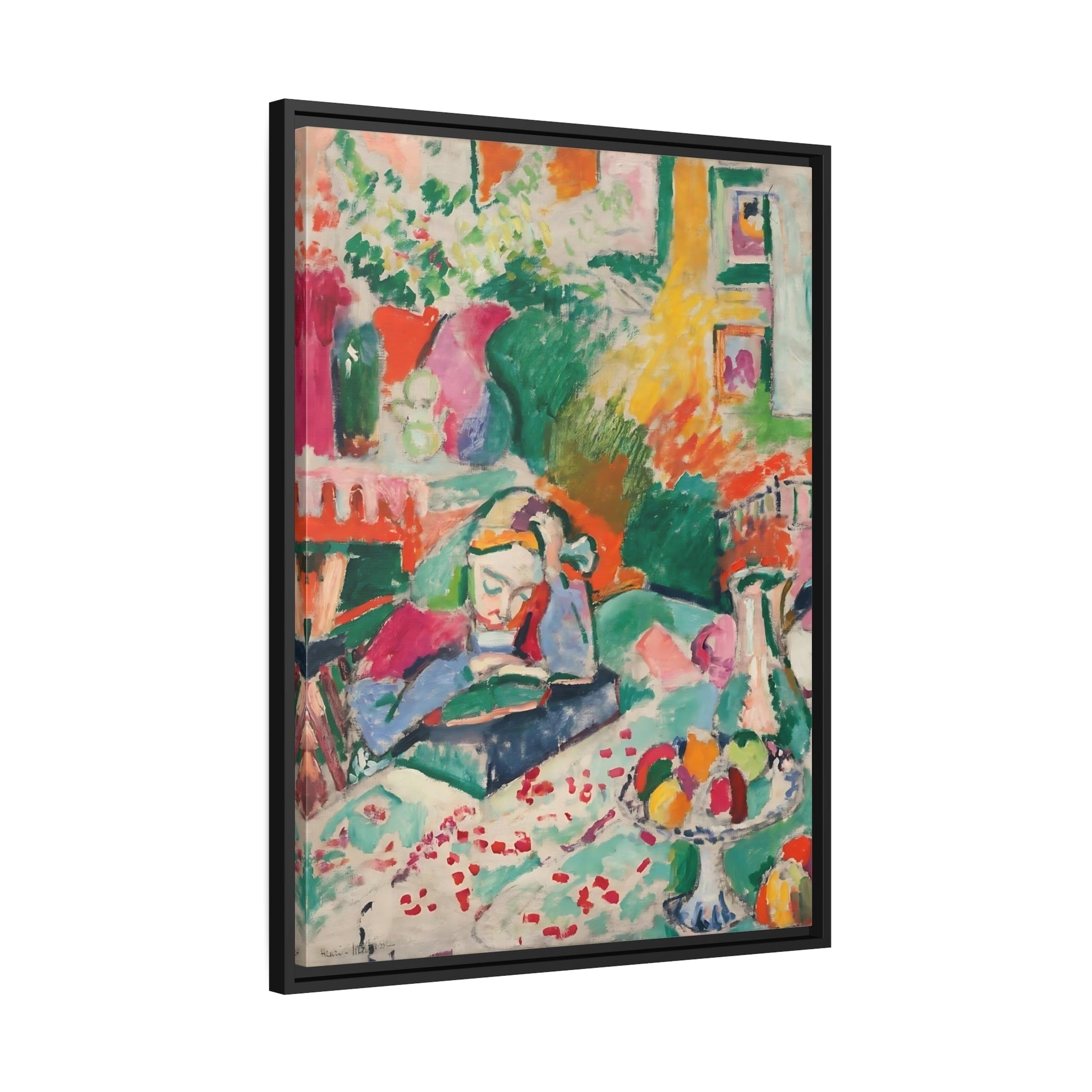 Henri Matisse Interior with a Young Girl - Framed Colorful Canvas Wall Art Print in Black Pinewood Frame