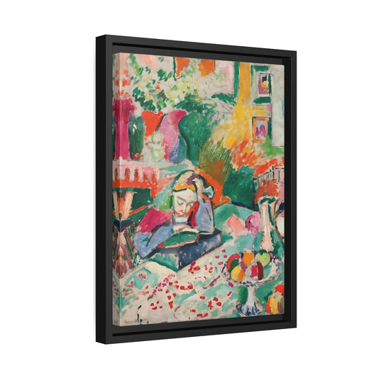 Henri Matisse Interior with a Young Girl - Framed Colorful Canvas Wall Art Print in Black Pinewood Frame