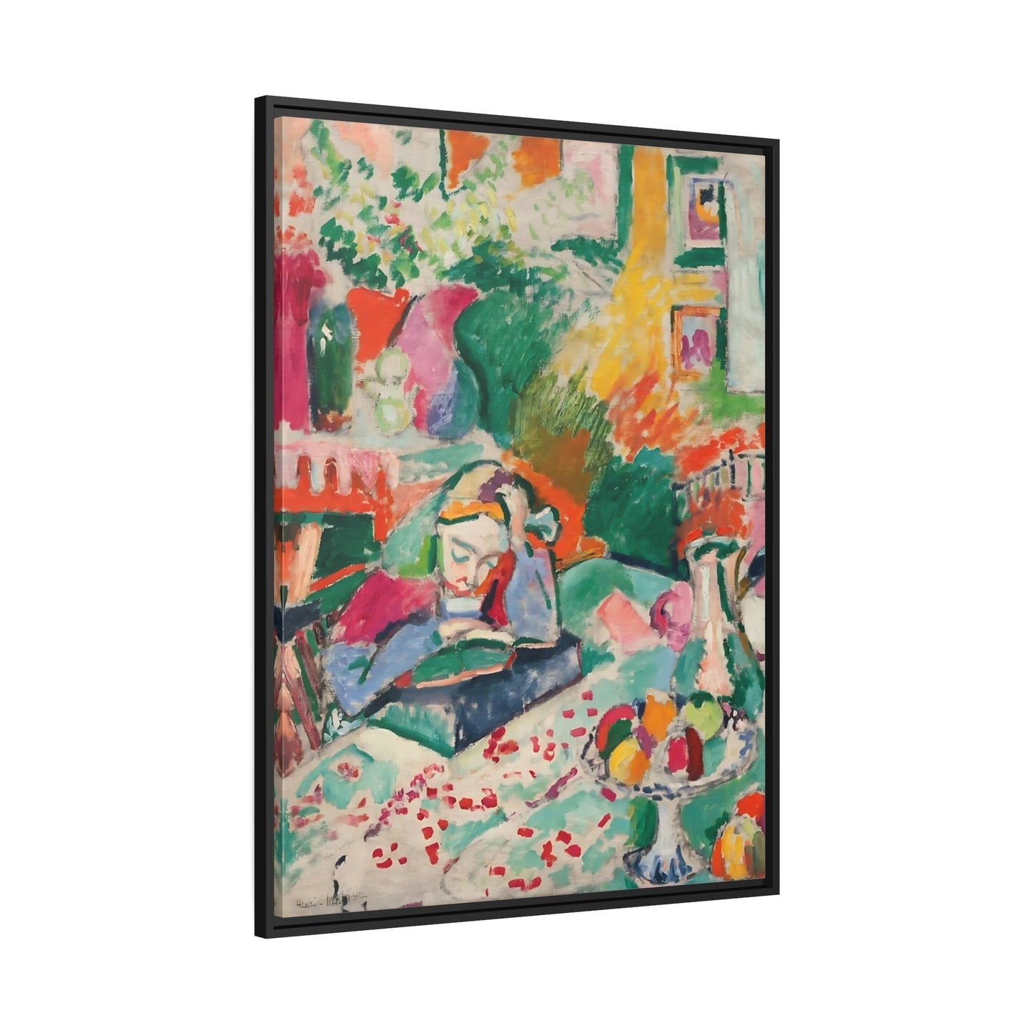 Henri Matisse Interior with a Young Girl - Framed Colorful Canvas Wall Art Print in Black Pinewood Frame