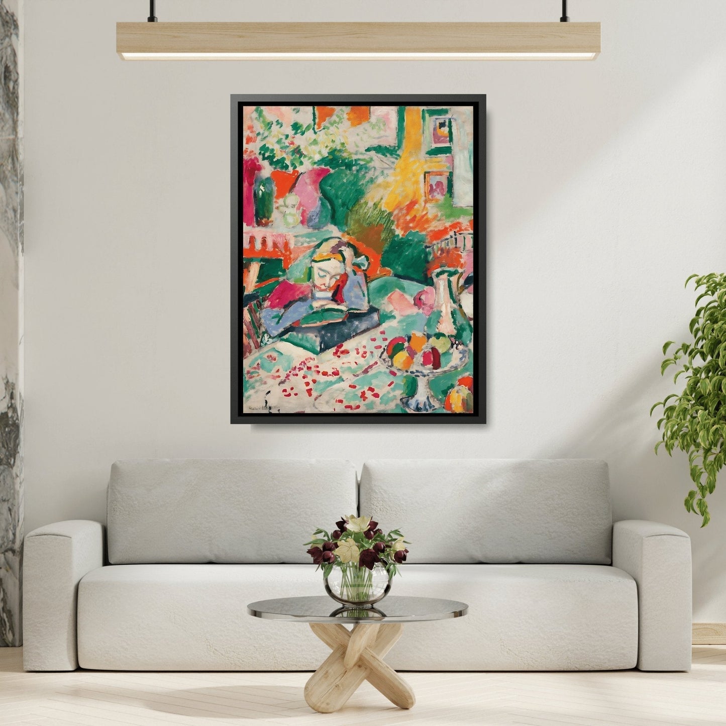 Henri Matisse Interior with a Young Girl - Framed Colorful Canvas Wall Art Print in Black Pinewood Frame