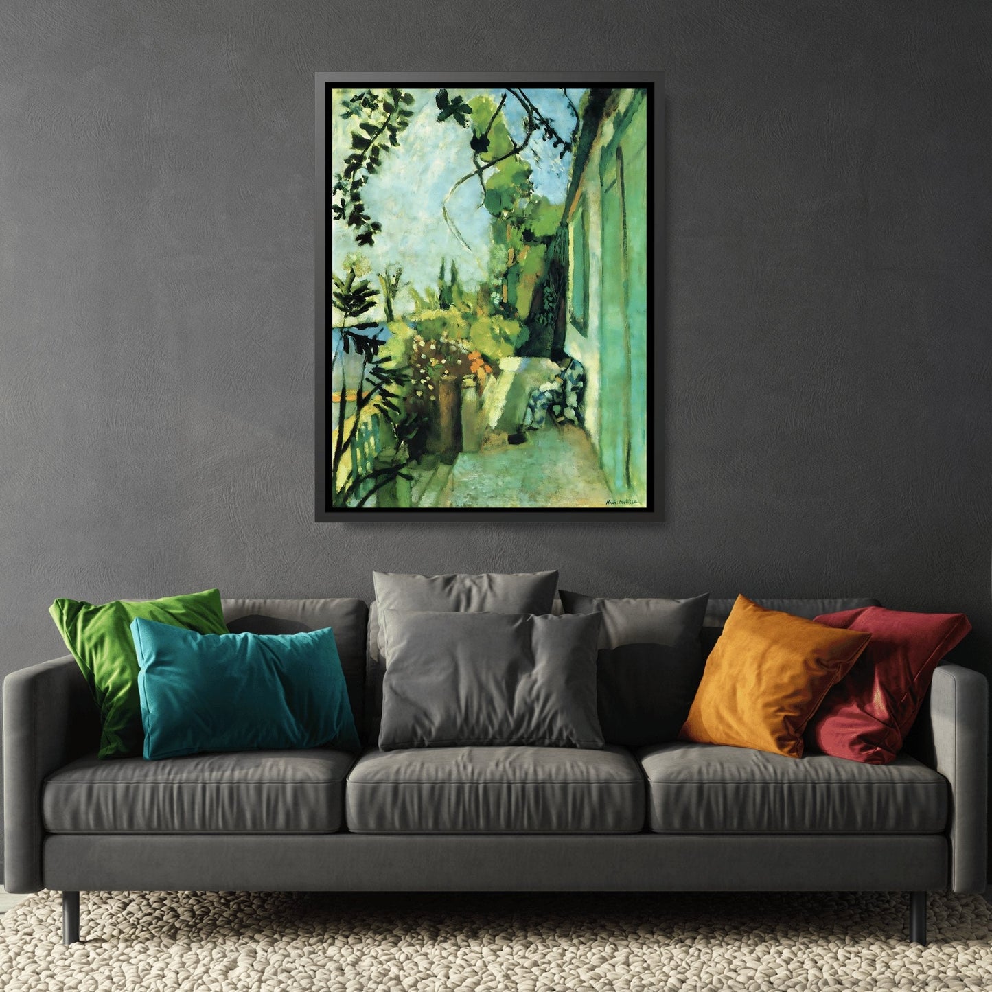 Henri Matisse Terrace St Tropez - Famous Artist Painting - Framed Canvas Wall Art Print in Black Pinewood Frame