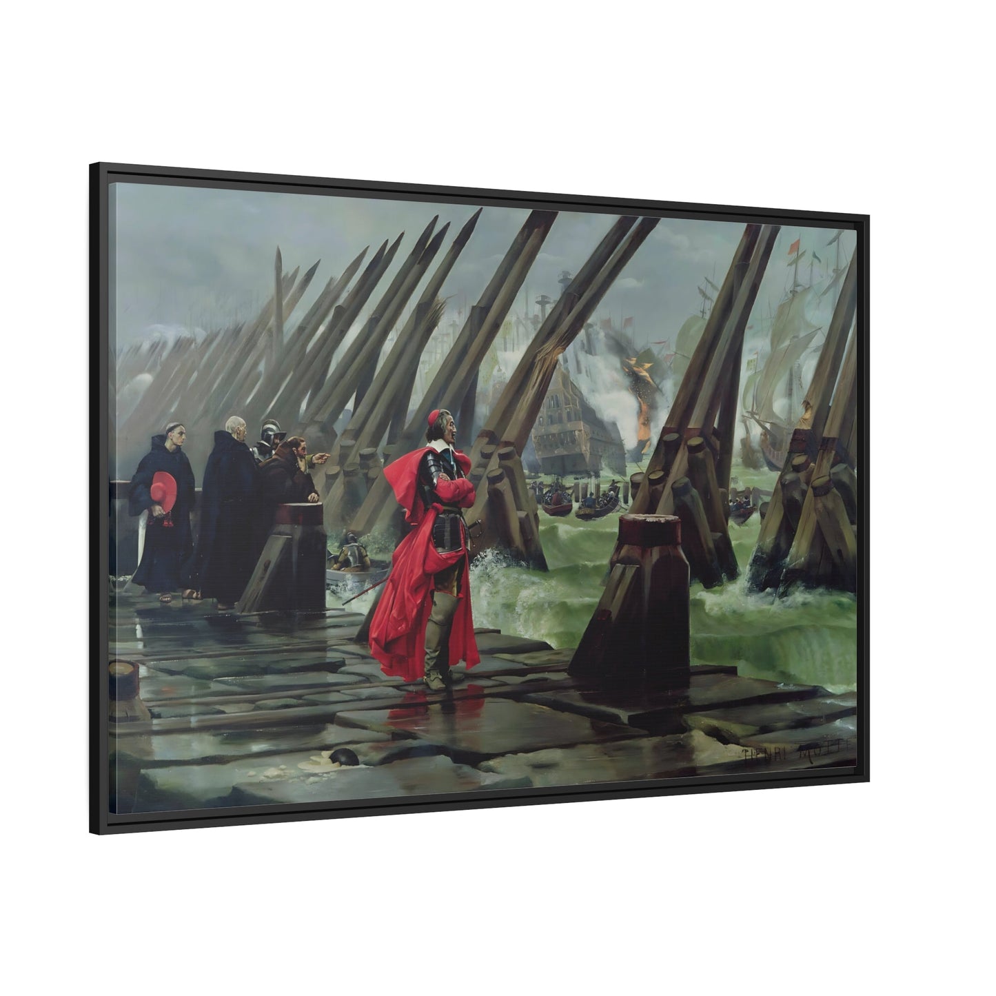 Henri Paul Motte Cardinal Richelieu At The Siege Of La Rochelle - Framed Canvas Wall Art Print in Black Frame