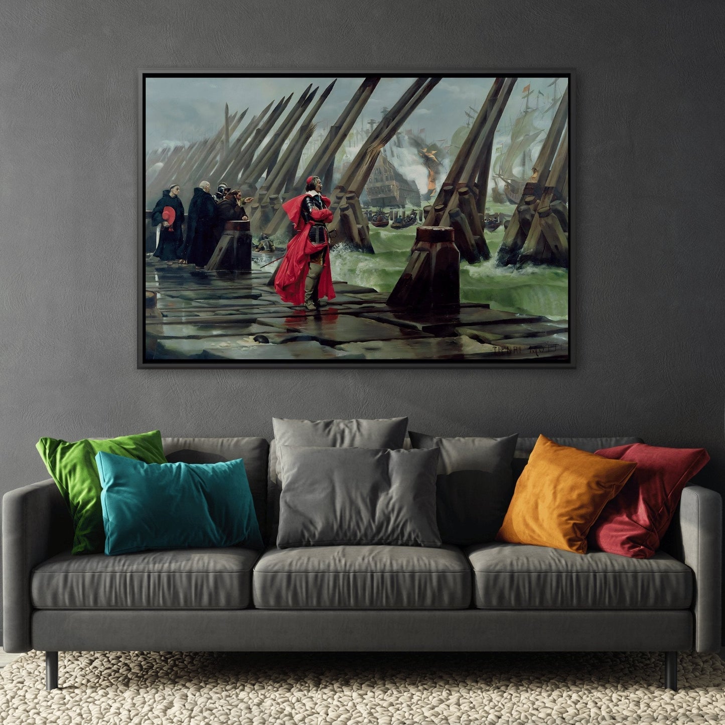 Henri Paul Motte Cardinal Richelieu At The Siege Of La Rochelle - Framed Canvas Wall Art Print in Black Frame