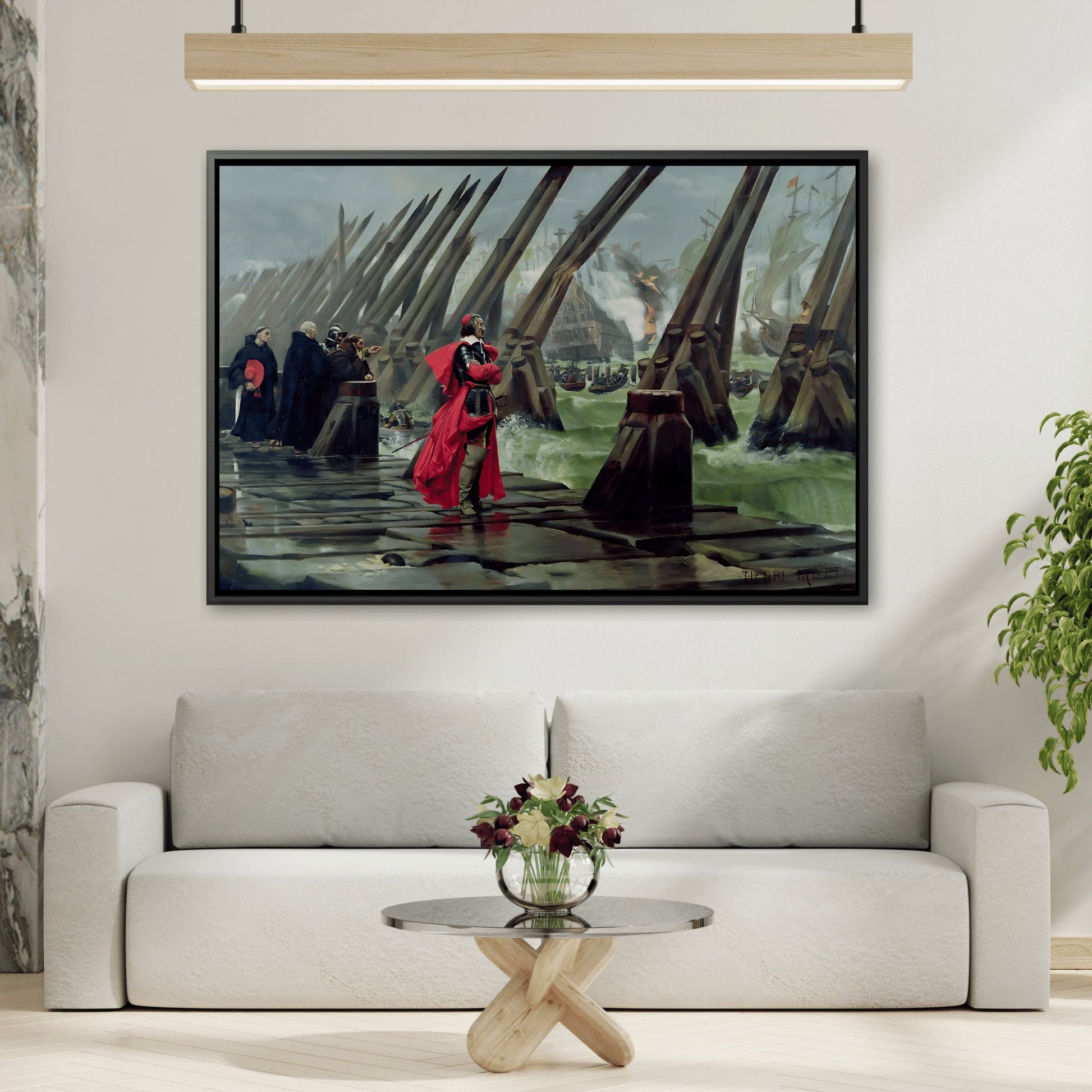 Henri Paul Motte Cardinal Richelieu At The Siege Of La Rochelle - Framed Canvas Wall Art Print in Black Frame