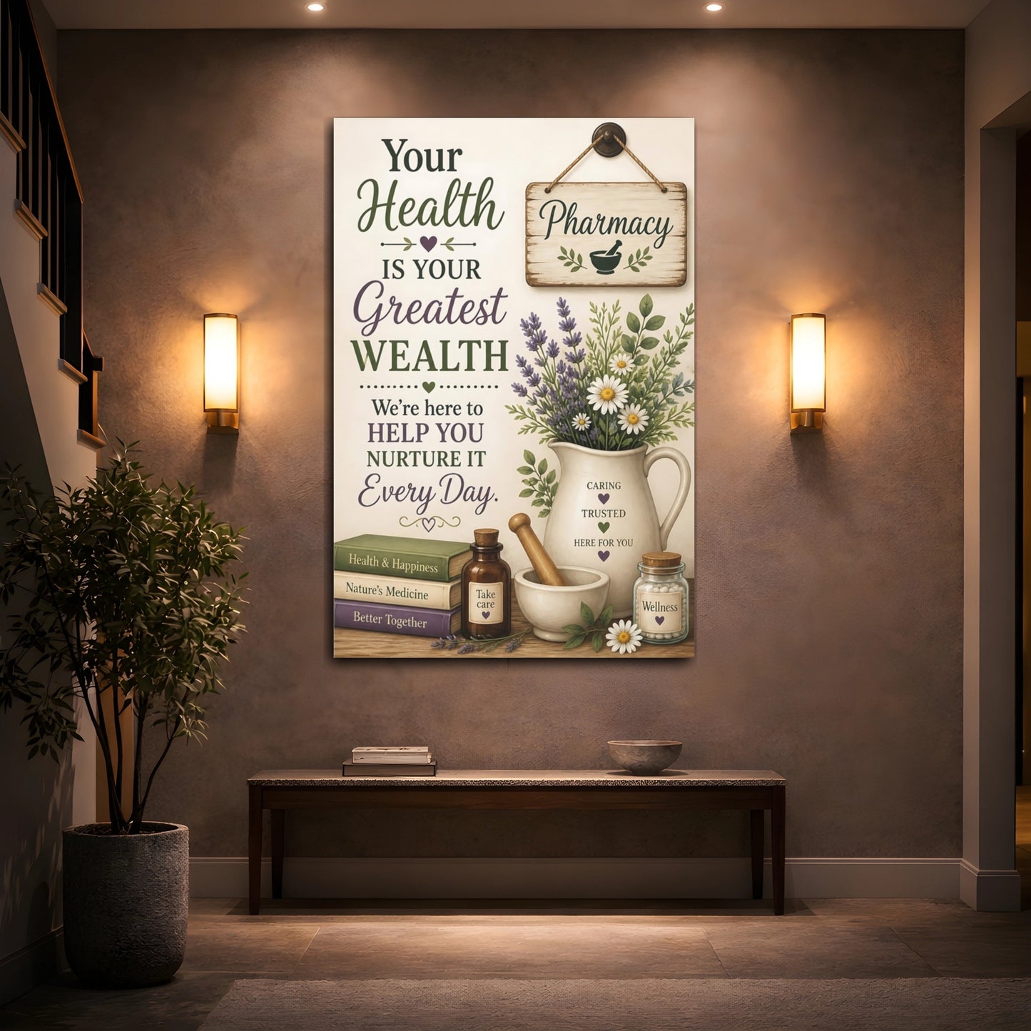 Mockup 2. Herb Bouquet Health Quote shown as canvas print