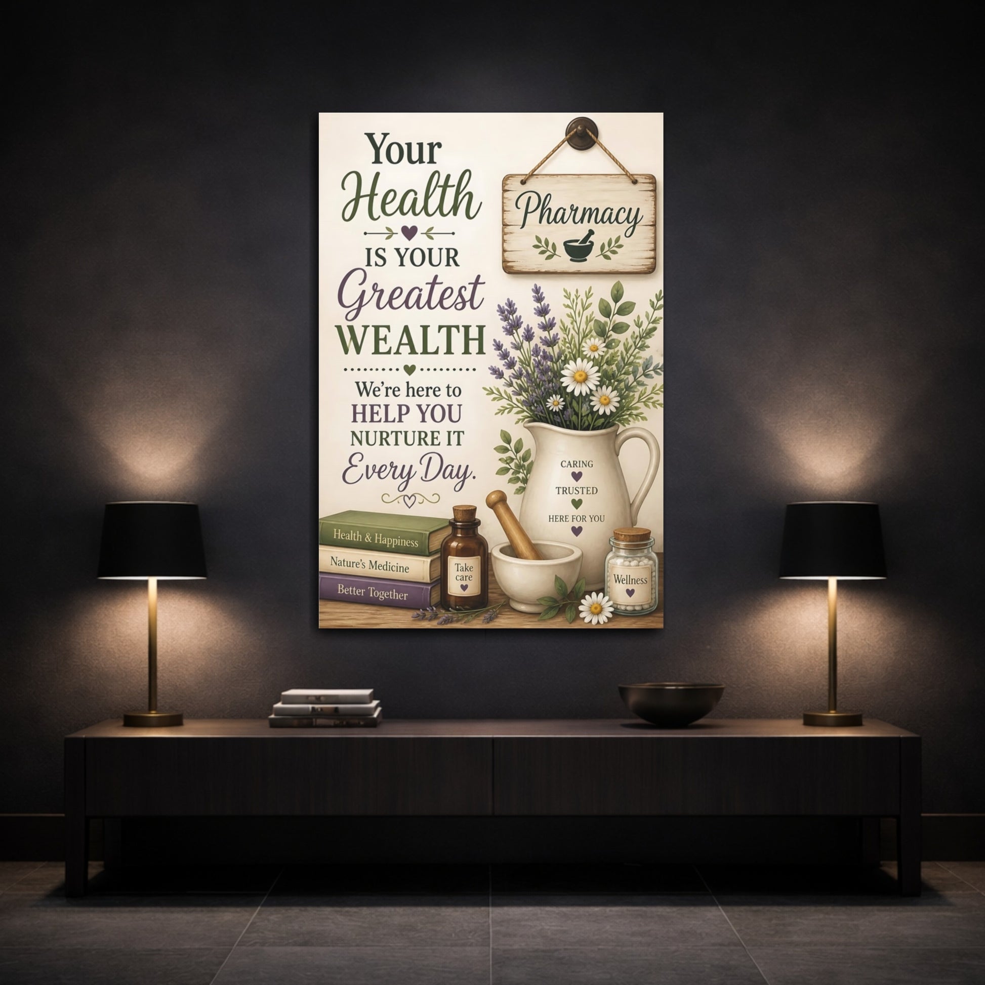Mockup 3. Herb Bouquet Health Quote shown as canvas print