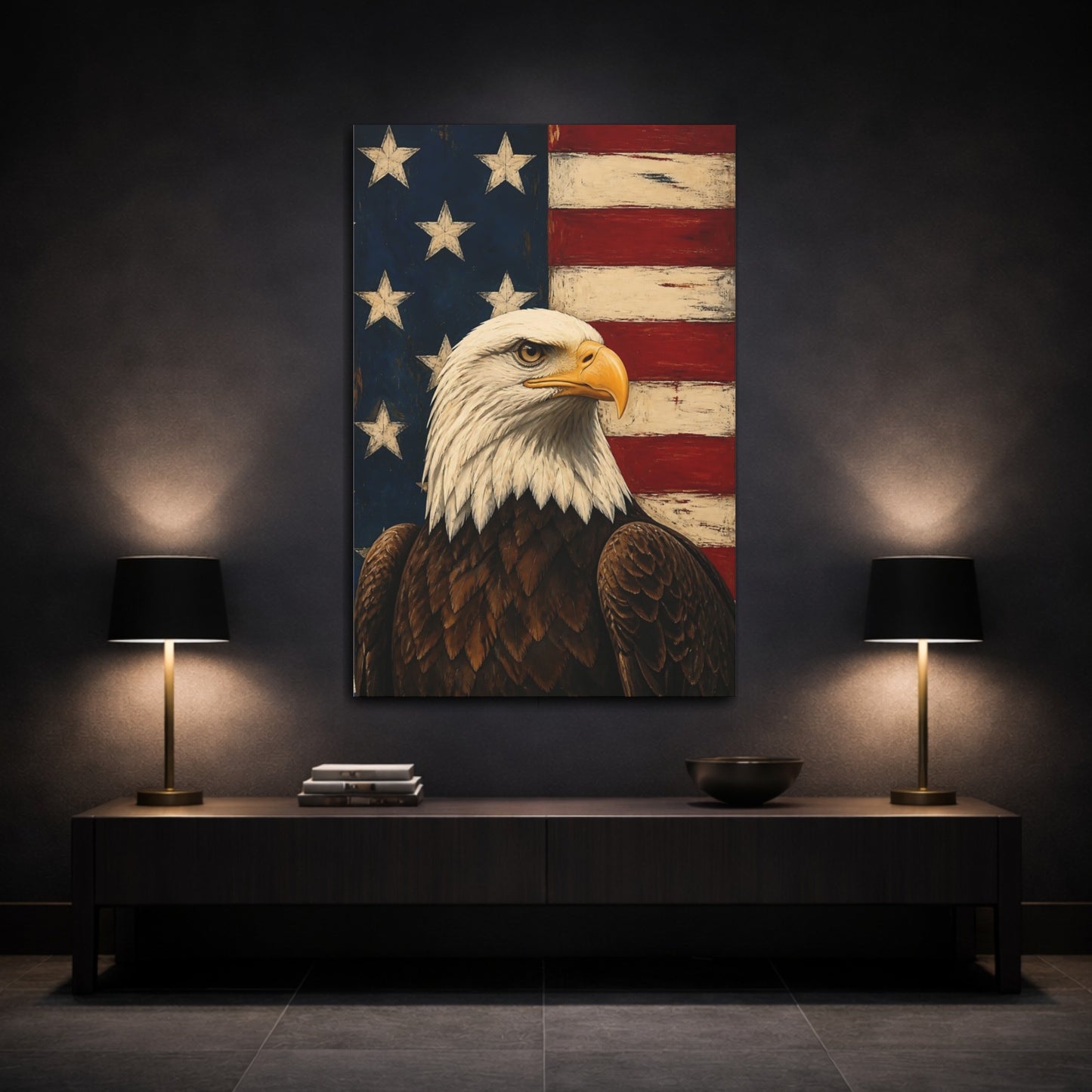 Mockup 3. Heroic Bald Eagle Portrait shown as canvas print