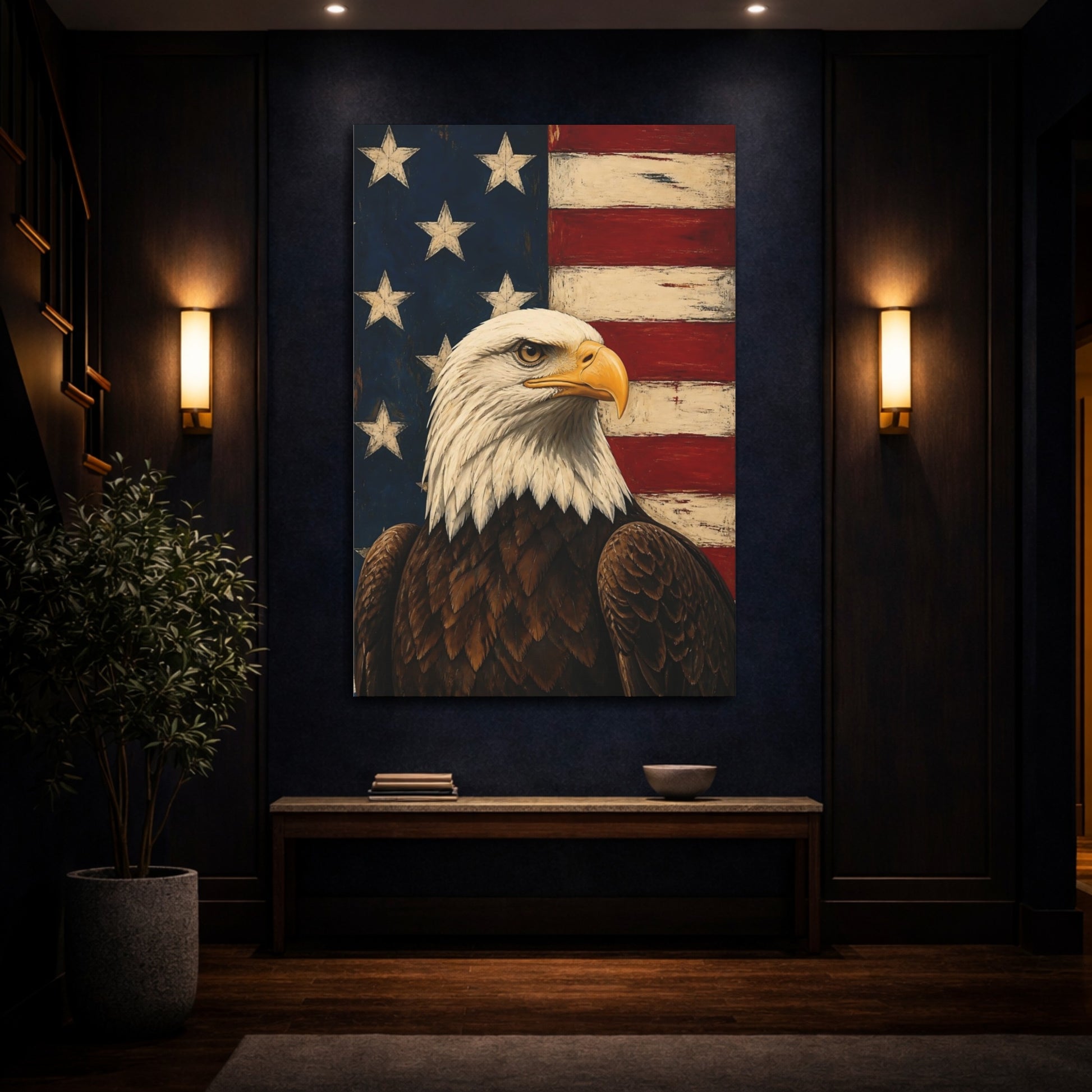 Mockup 4. Heroic Bald Eagle Portrait shown as canvas print
