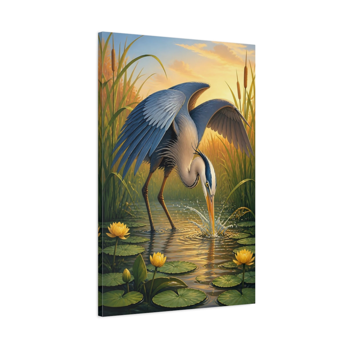 Main Mockup. Heron Animals Study shown as canvas print