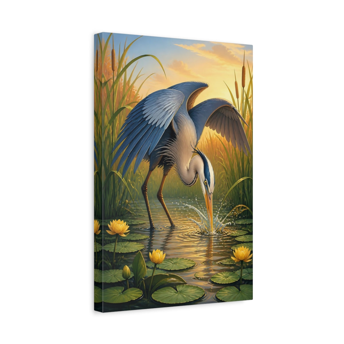 Side Mockup 4. Heron Animals Study shown as canvas print