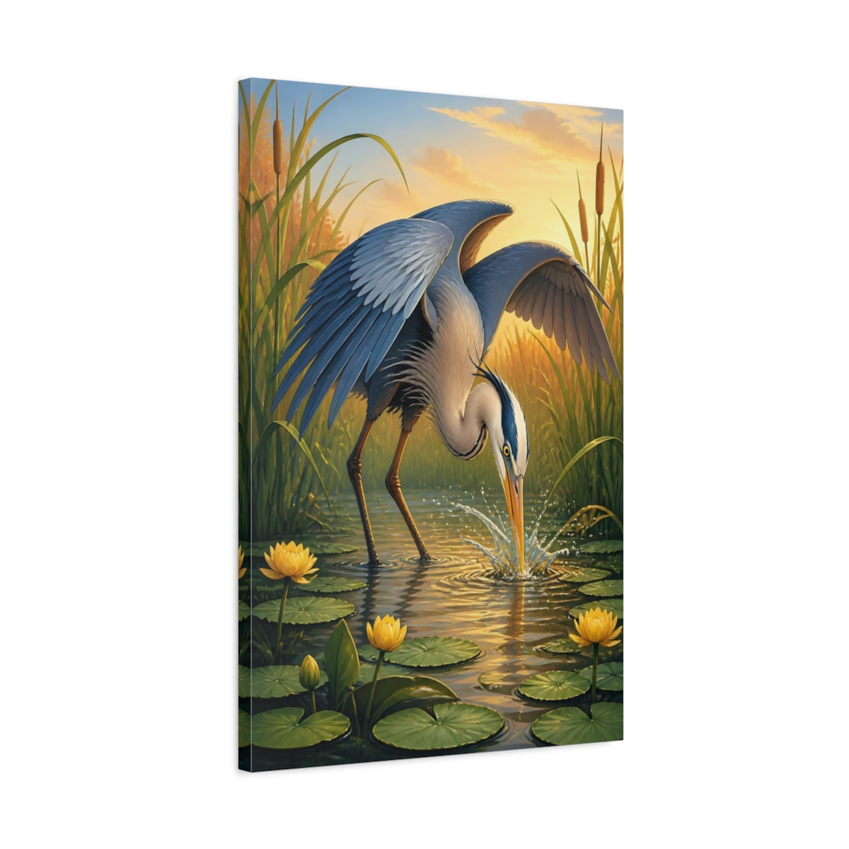 Side Mockup 2. Heron Animals Study shown as canvas print