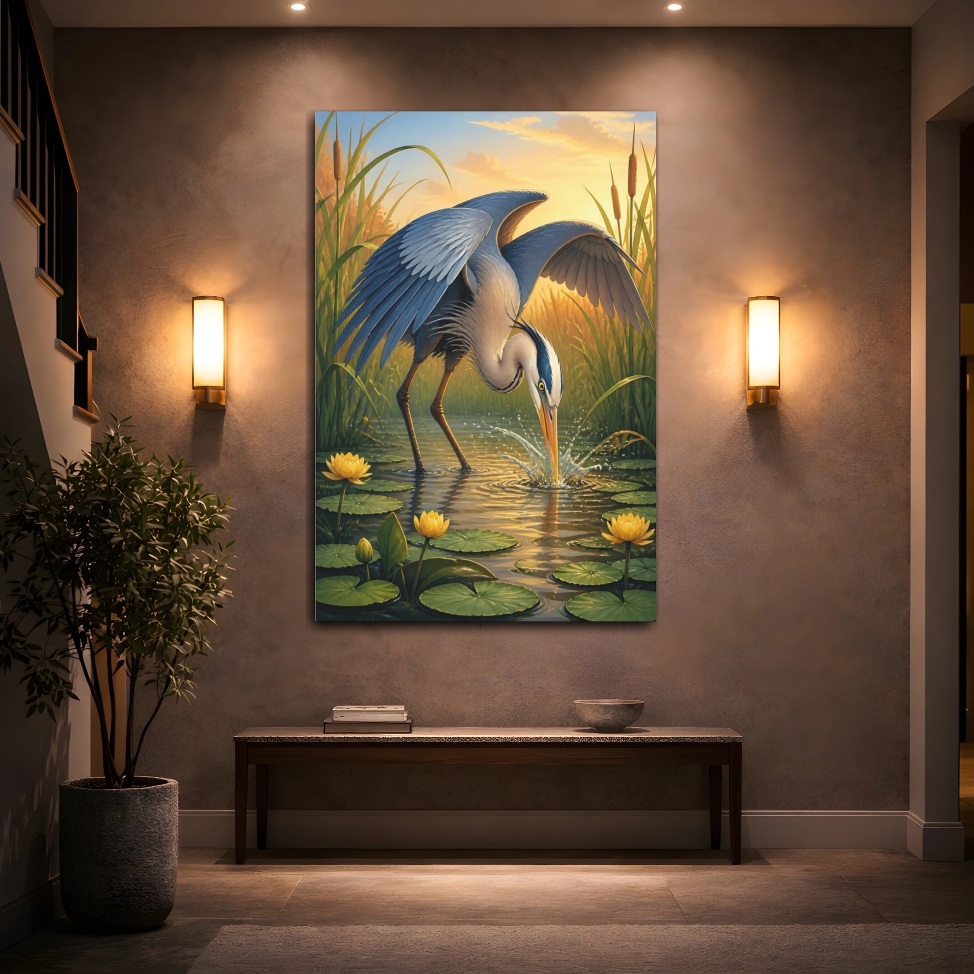 Mockup 2. Heron Animals Study shown as canvas print