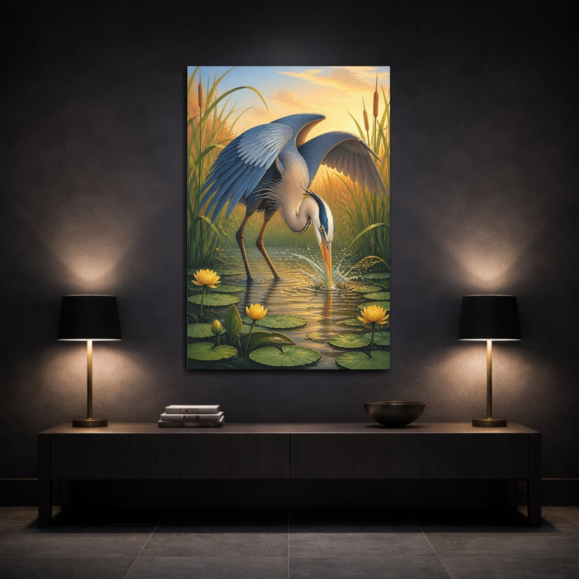 Mockup 3. Heron Animals Study shown as canvas print